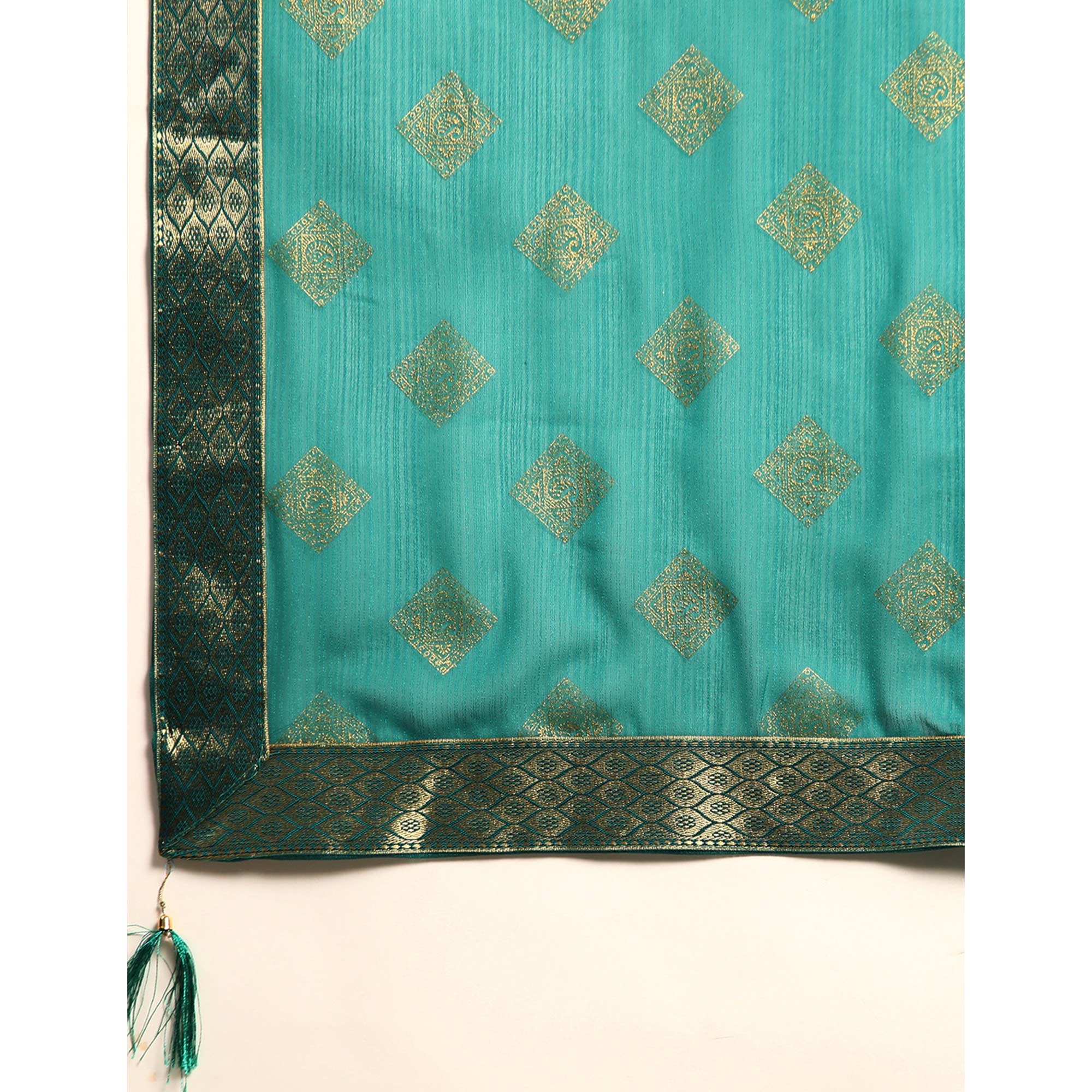 Turquoise Green Foil Printed Chiffon Saree With Tassels