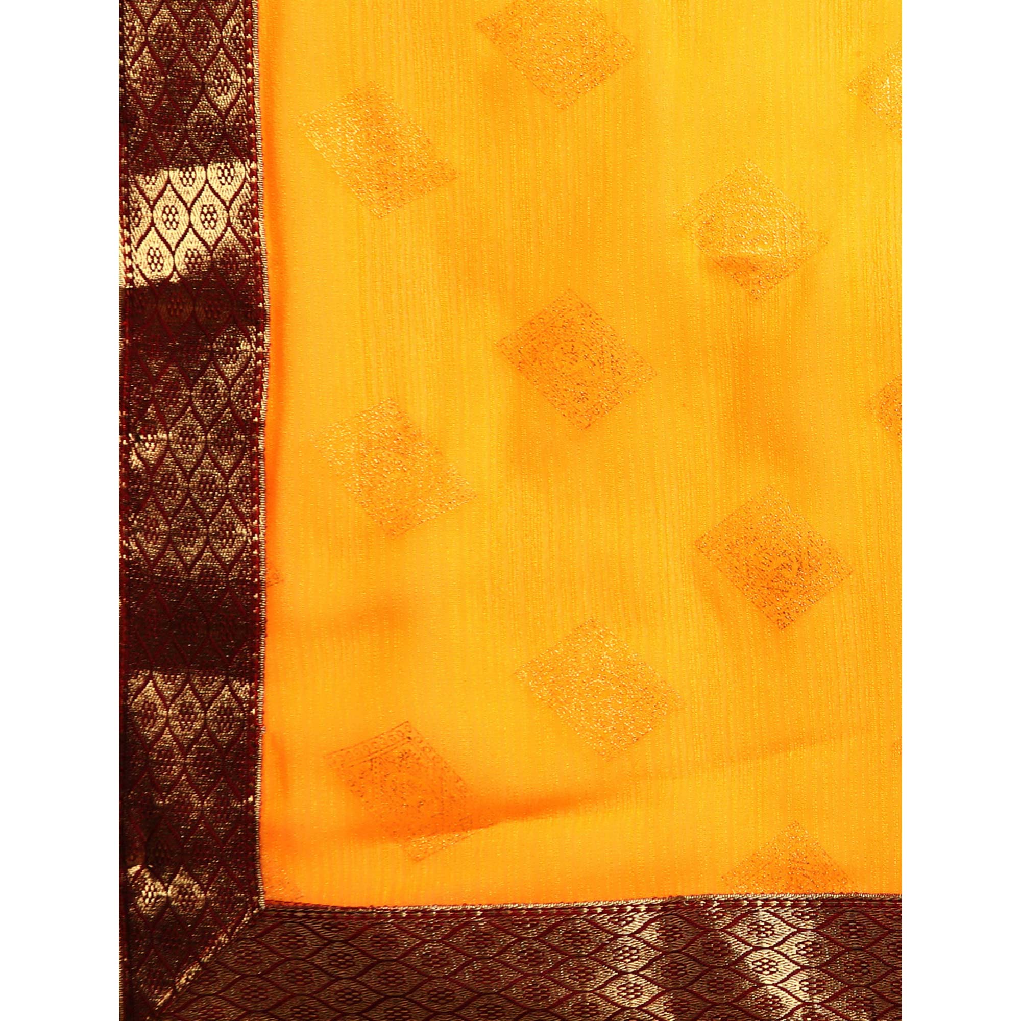 Yellow Foil Printed Chiffon Saree With Tassels