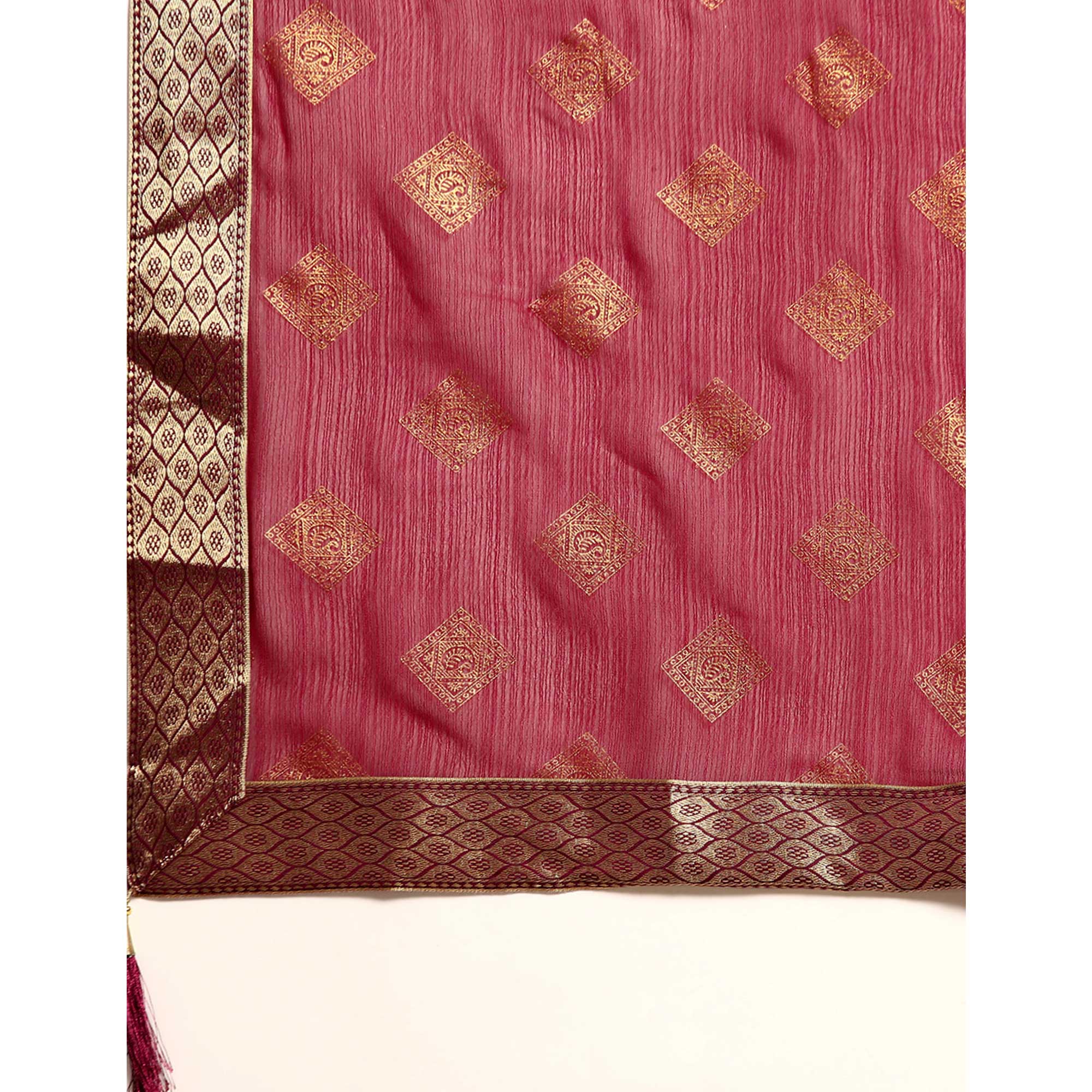 Wine Foil Printed Chiffon Saree With Tassels