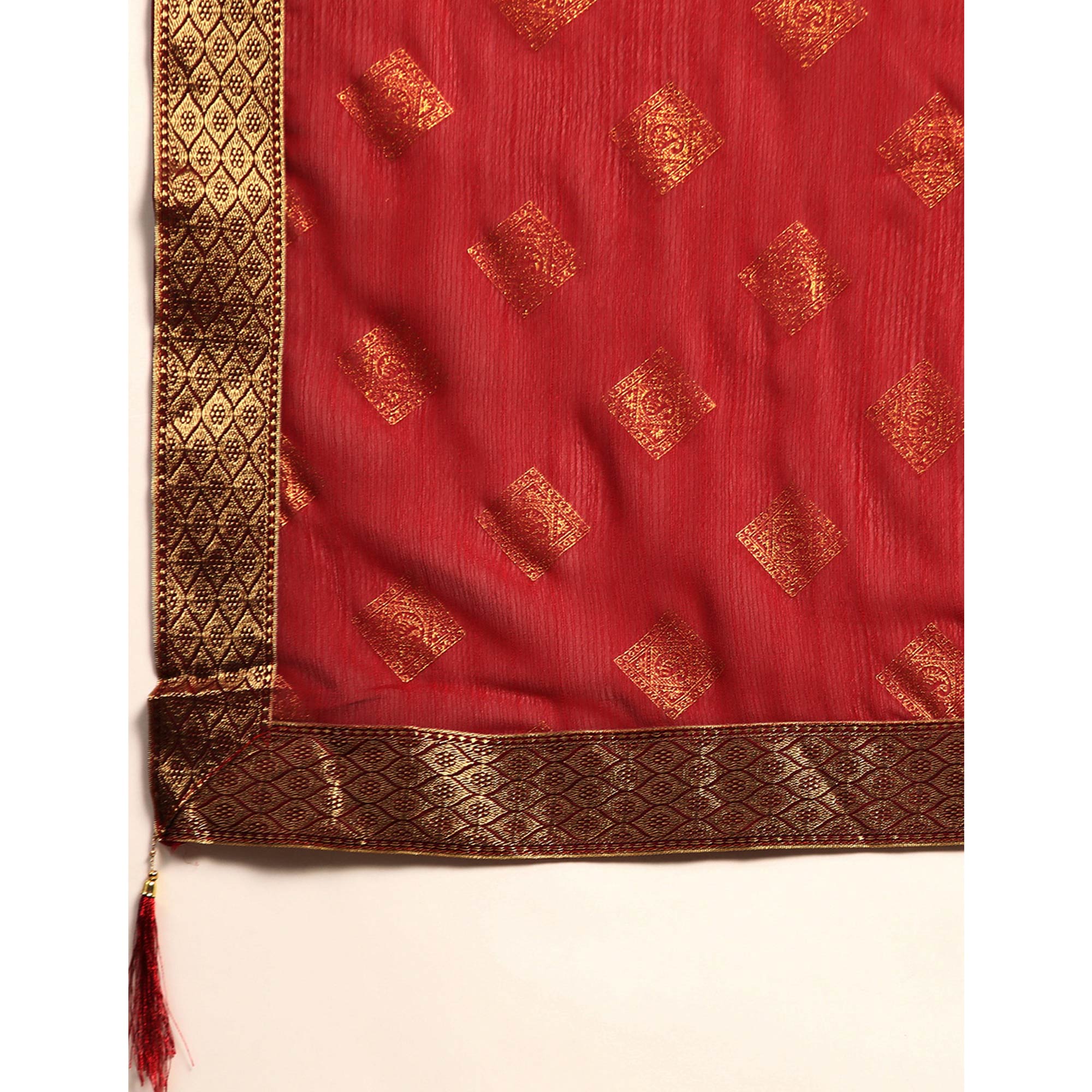 Maroon Foil Printed Chiffon Saree With Tassels