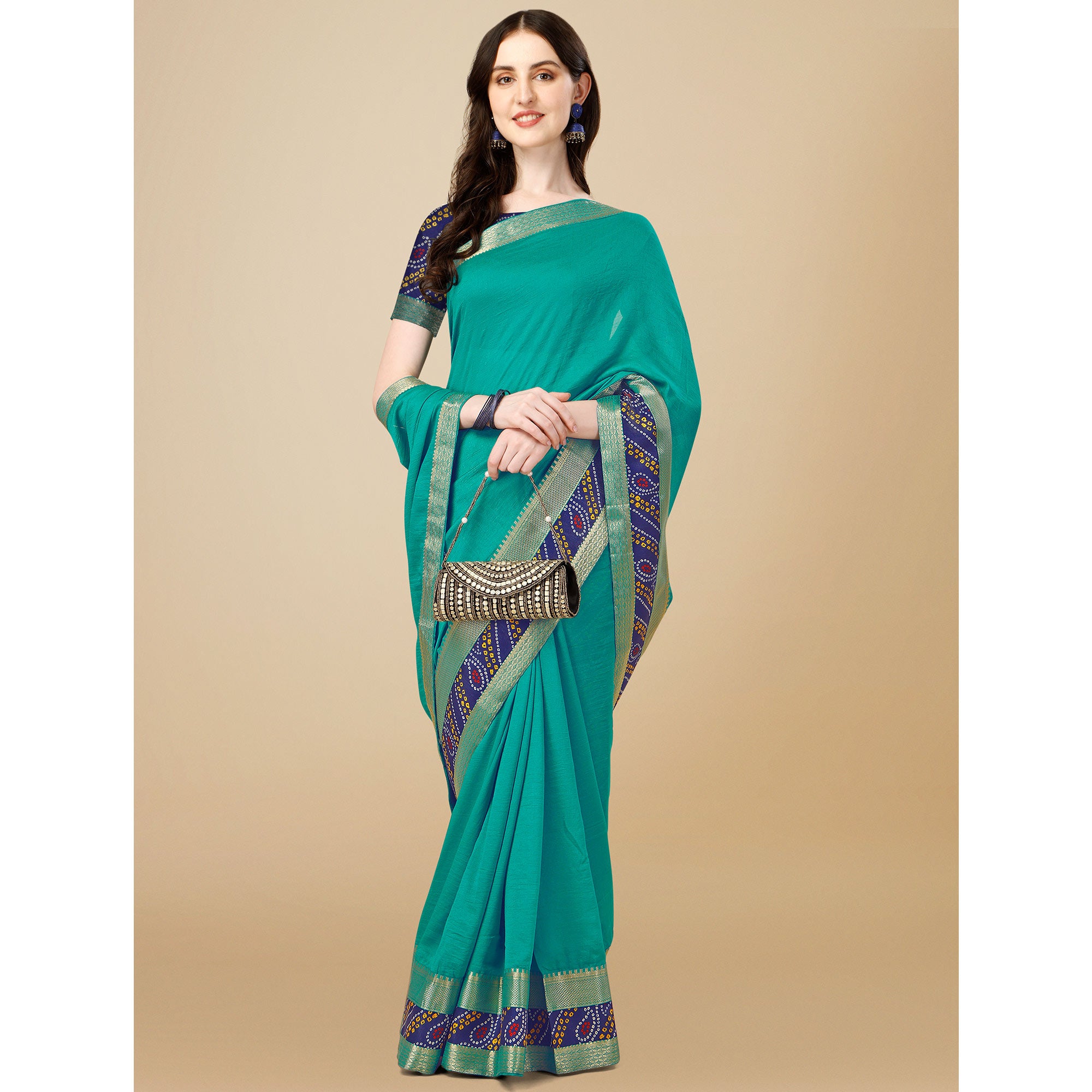 Turquoise Solid Vichitra Silk Saree