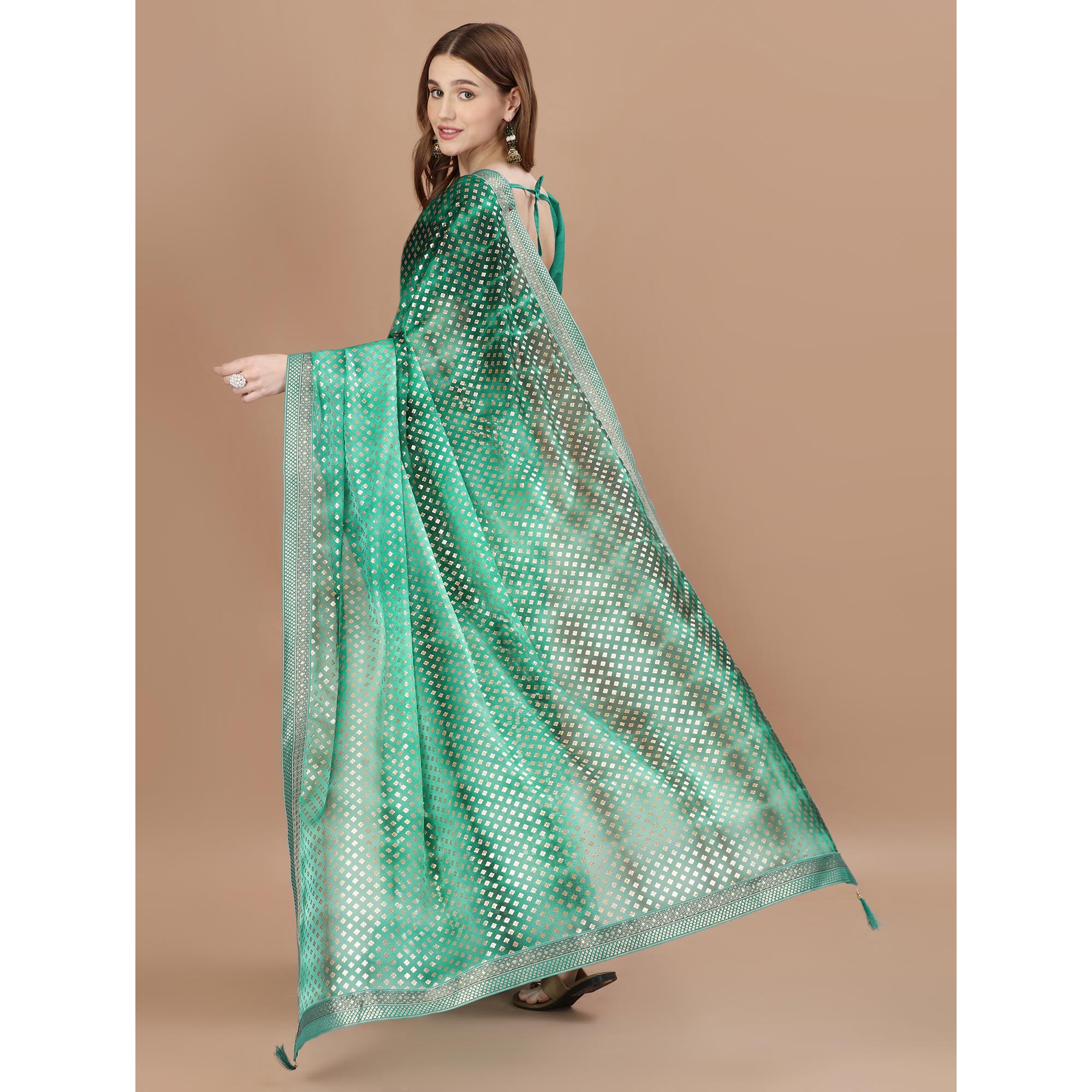 Green Foil Printed Lycra Saree With Lace Border