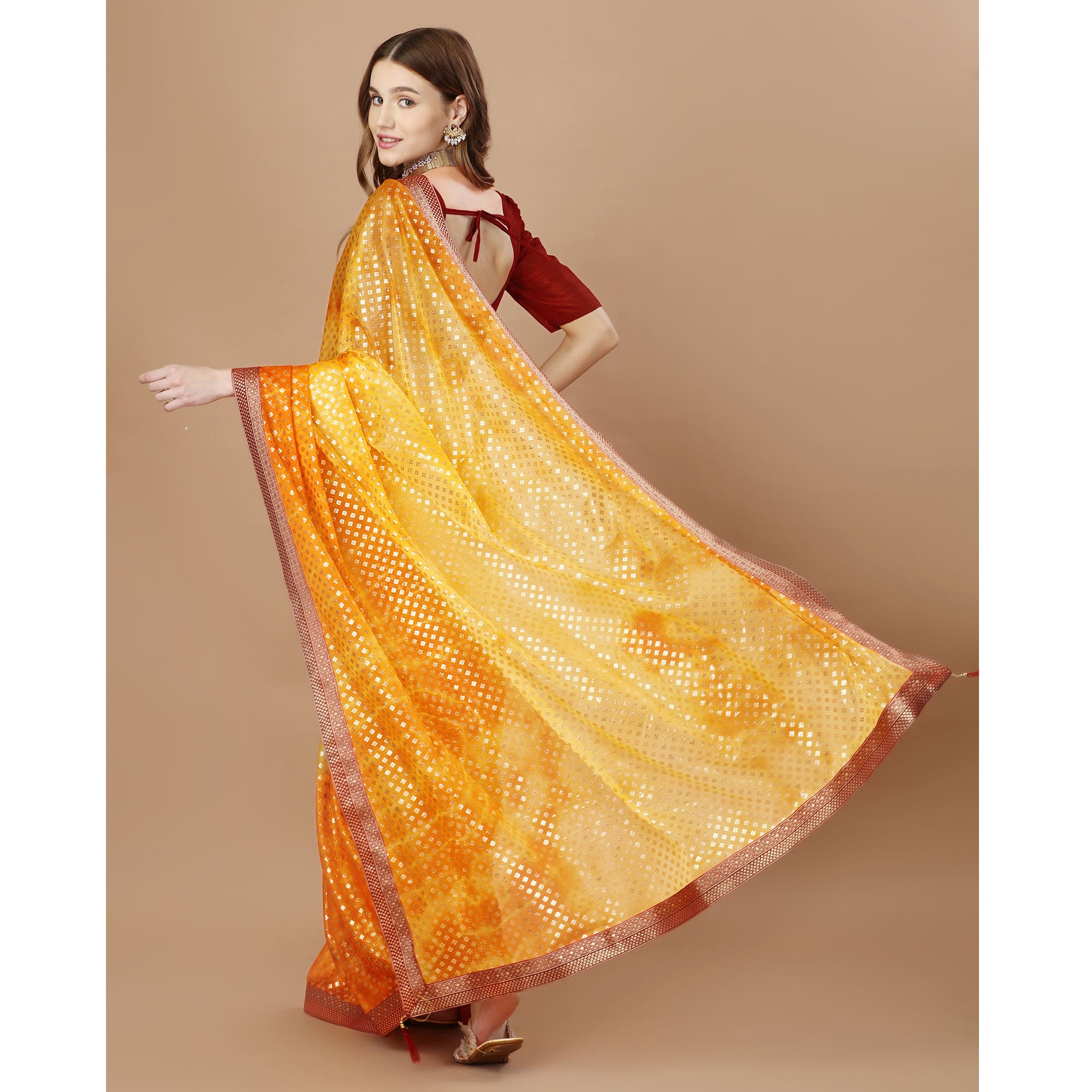 Yellow Foil Printed Lycra Saree With Lace Border