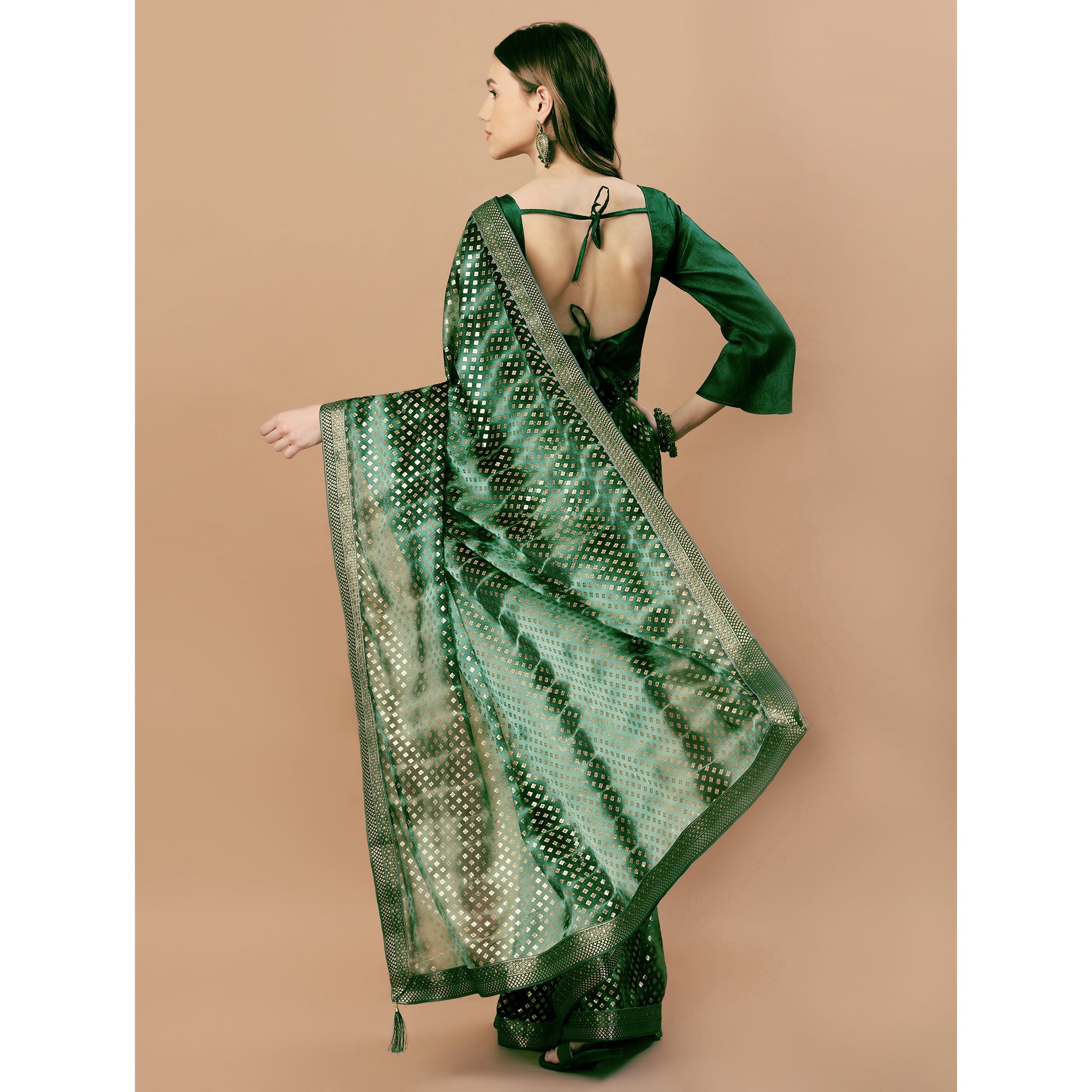 Green Foil Printed Lycra Saree With Lace Border