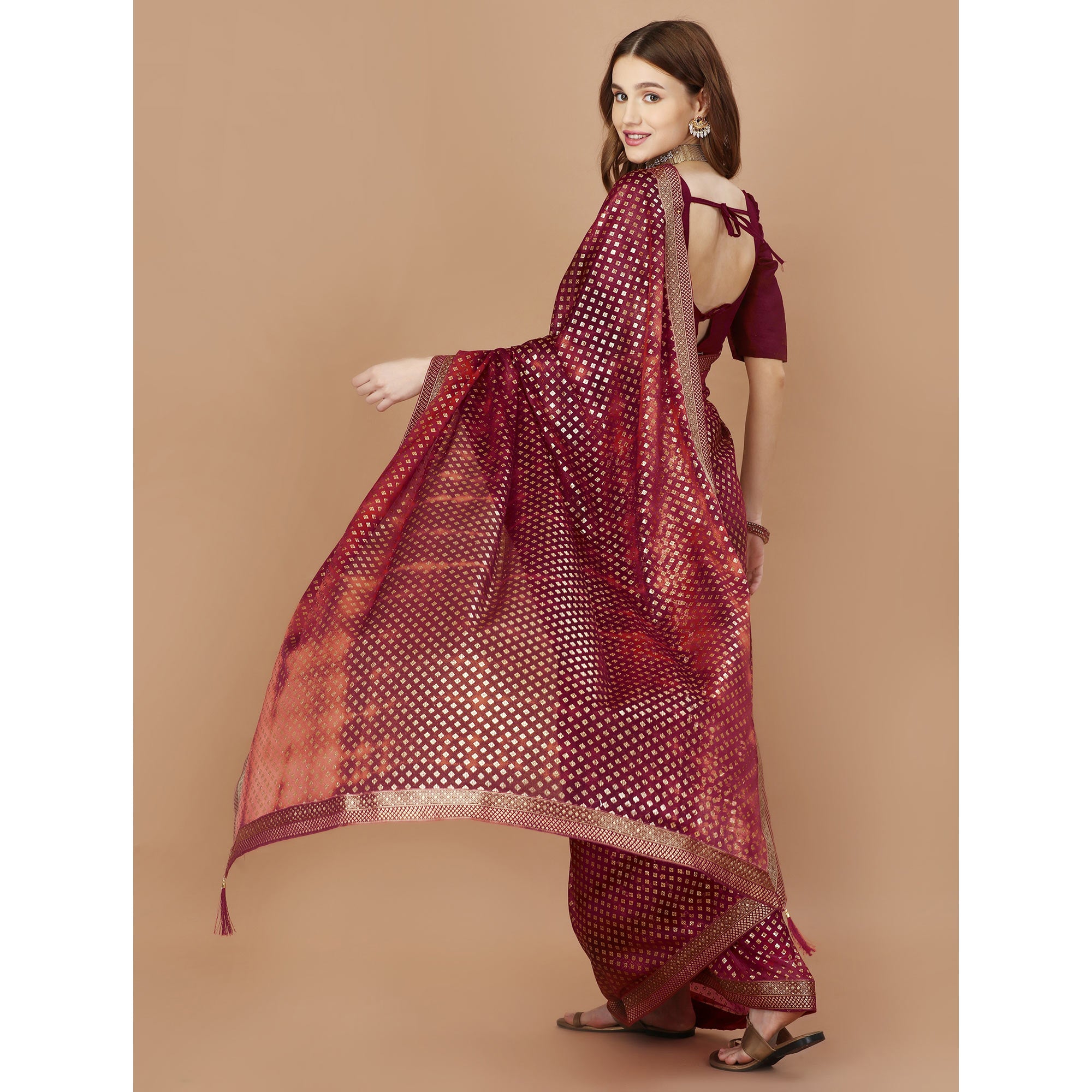 Maroon Foil Printed Lycra Saree With Lace Border