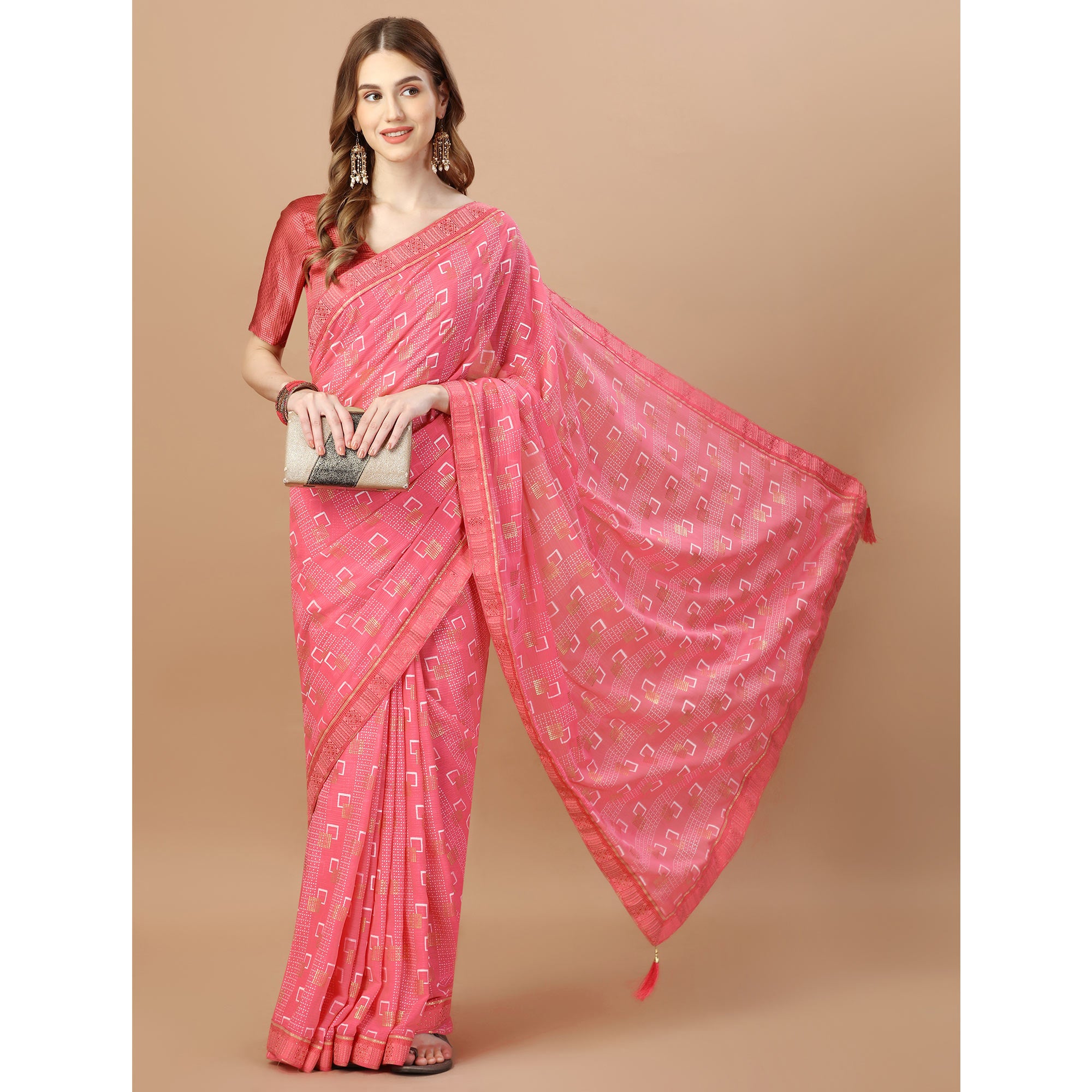 Baby Pink Foil Printed Chiffon Saree With Lace Border