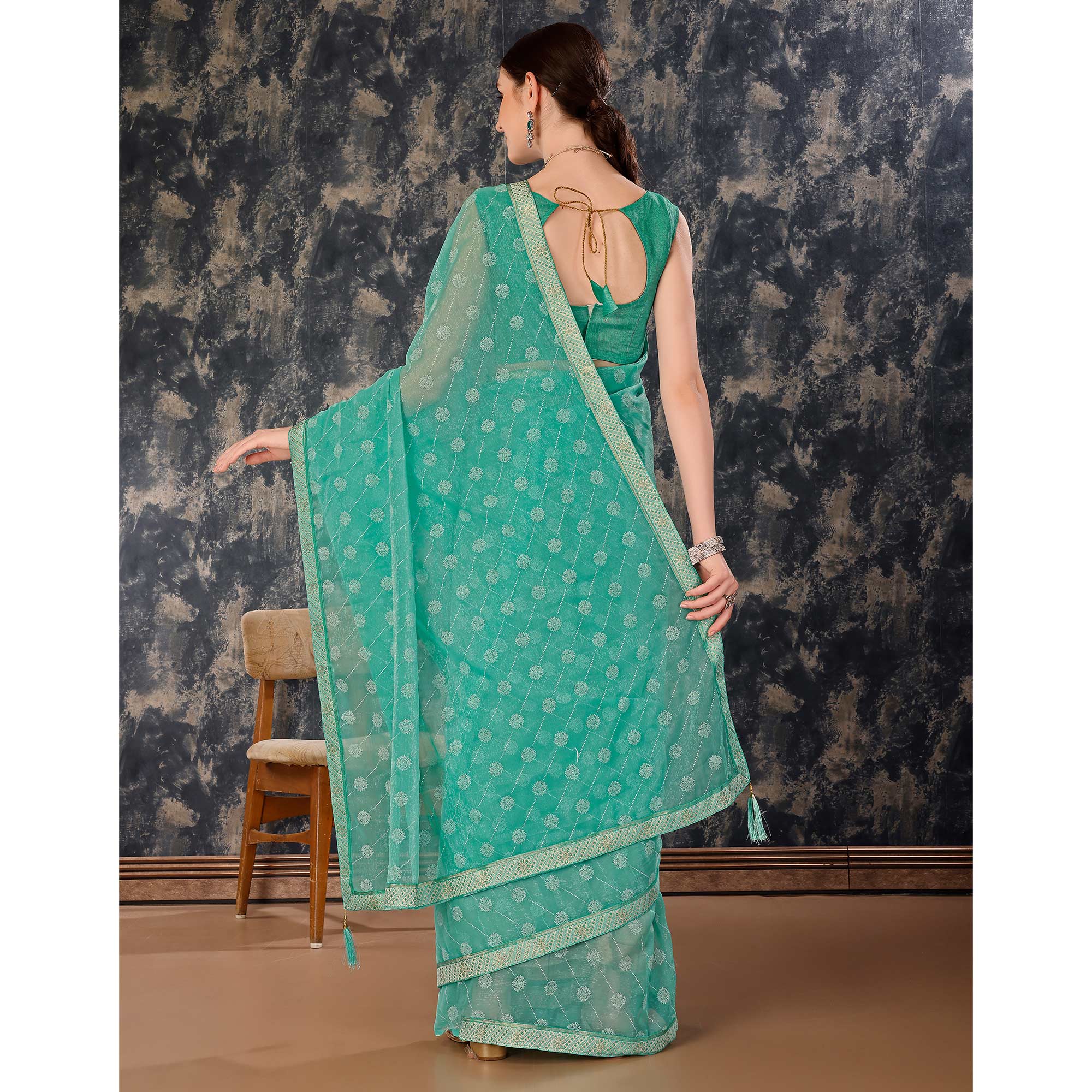 Turquoise Printed Chiffon Saree With Lace Border