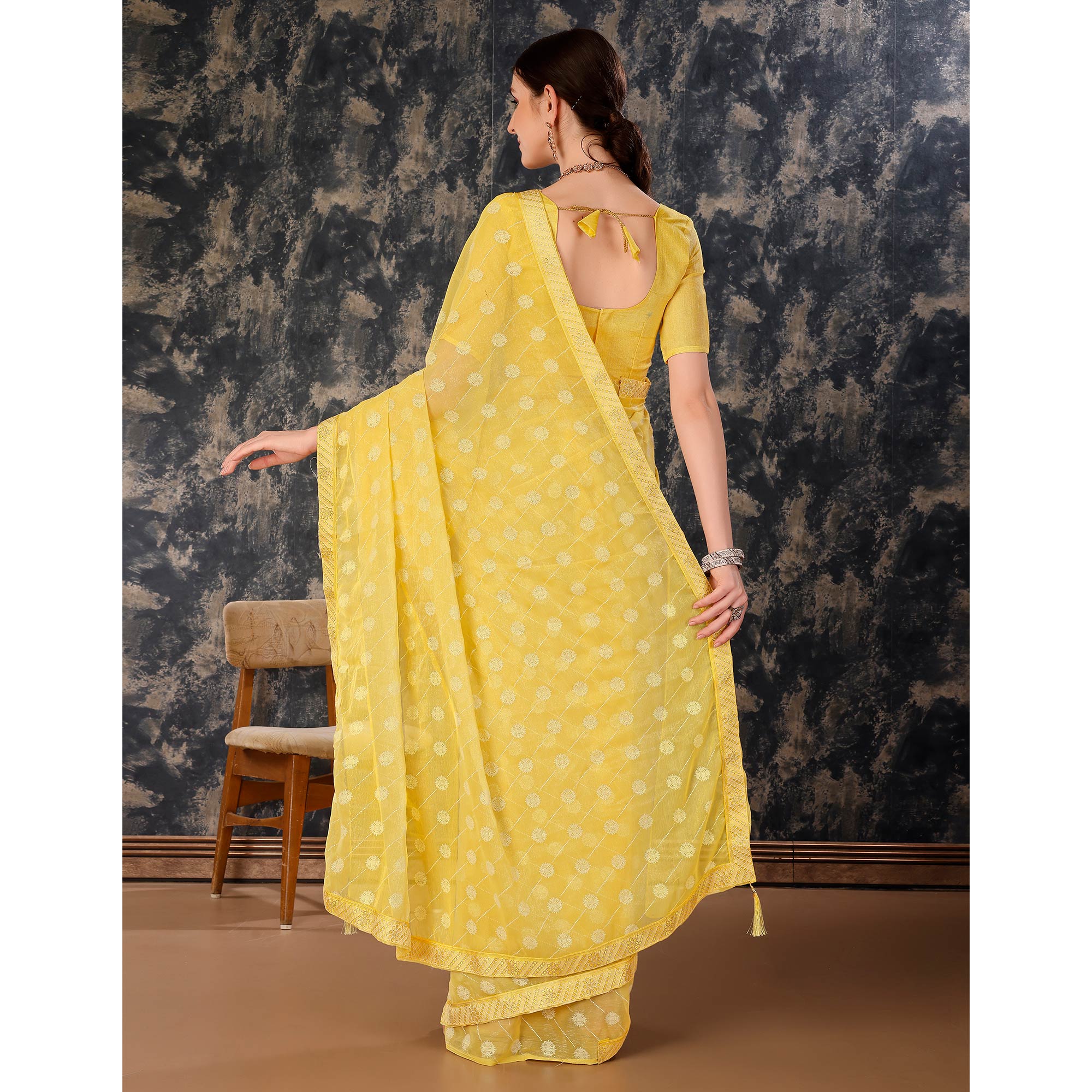 Yellow Printed Chiffon Saree With Lace Border