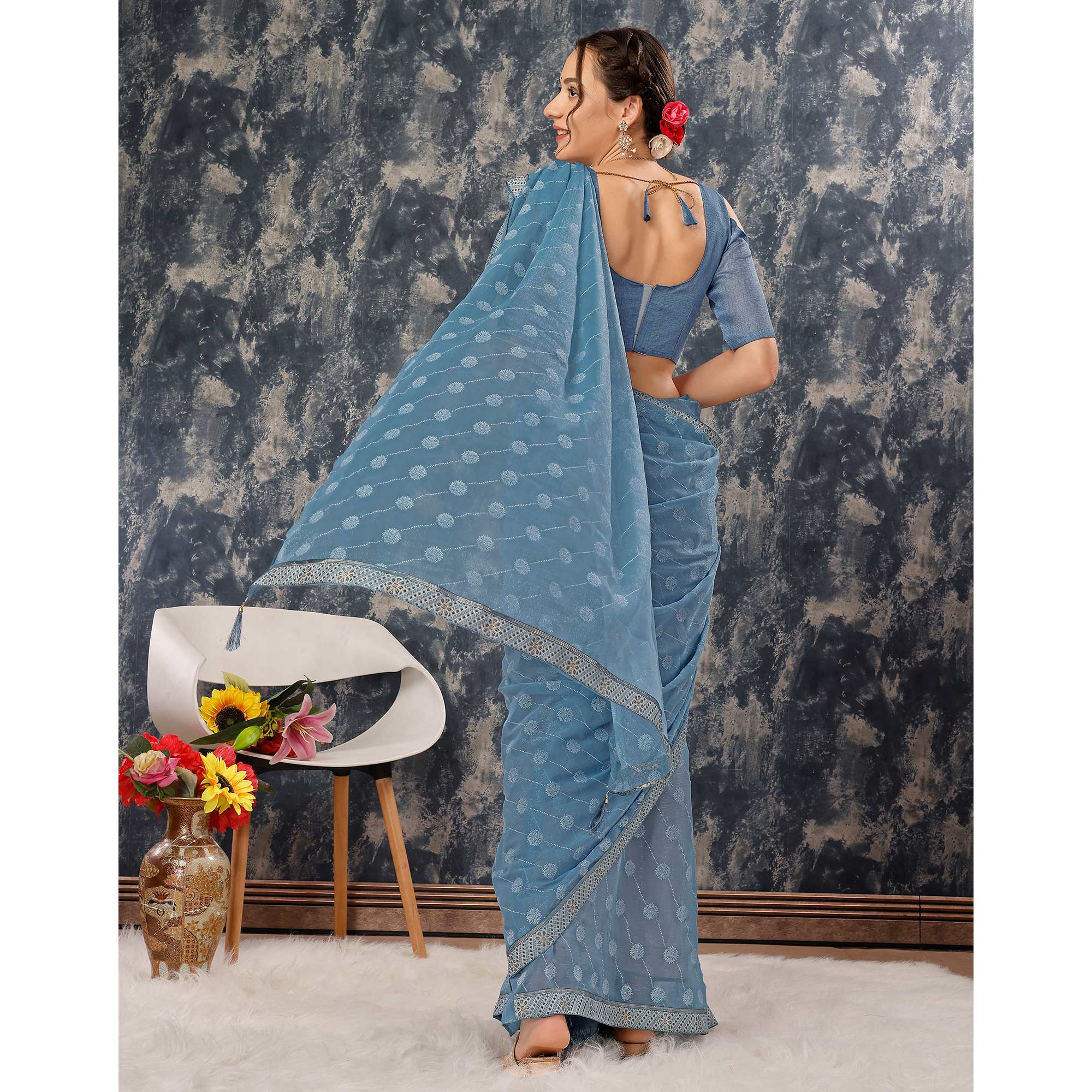 Greyish Blue Printed Chiffon Saree With Lace Border