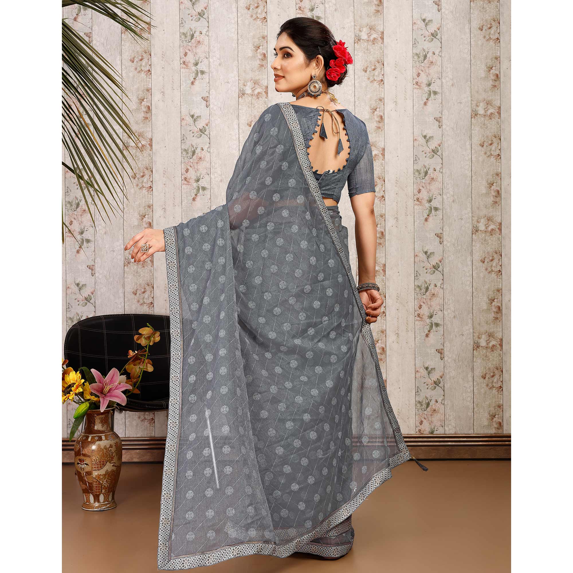 Grey Printed Chiffon Saree With Lace Border