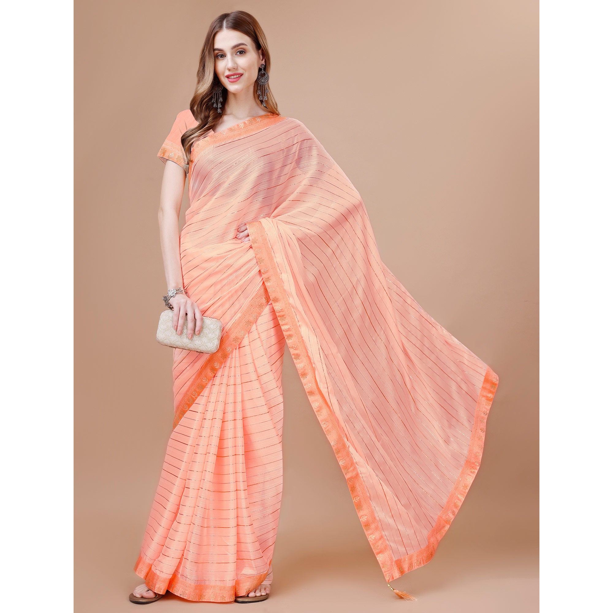 Peach Zari Work Chiffon Saree