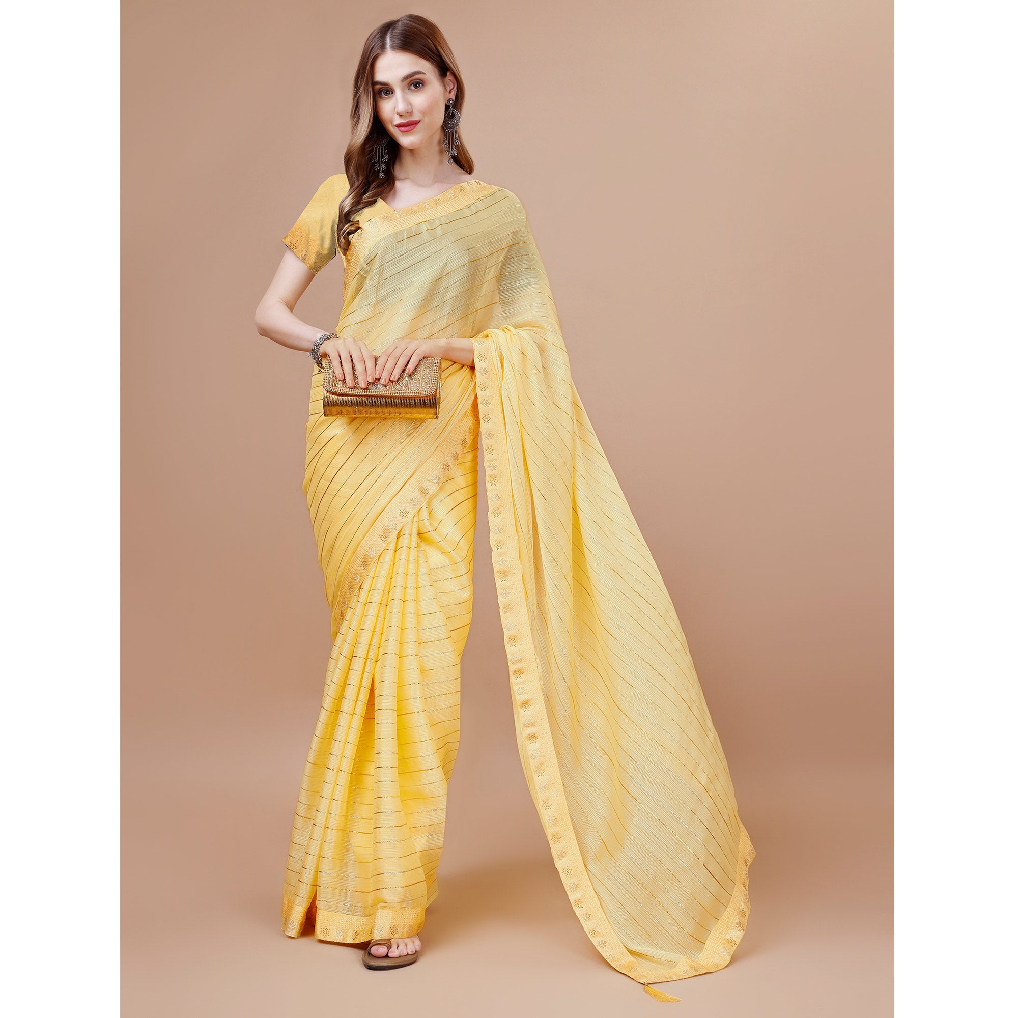 Yellow Zari Work Chiffon Saree