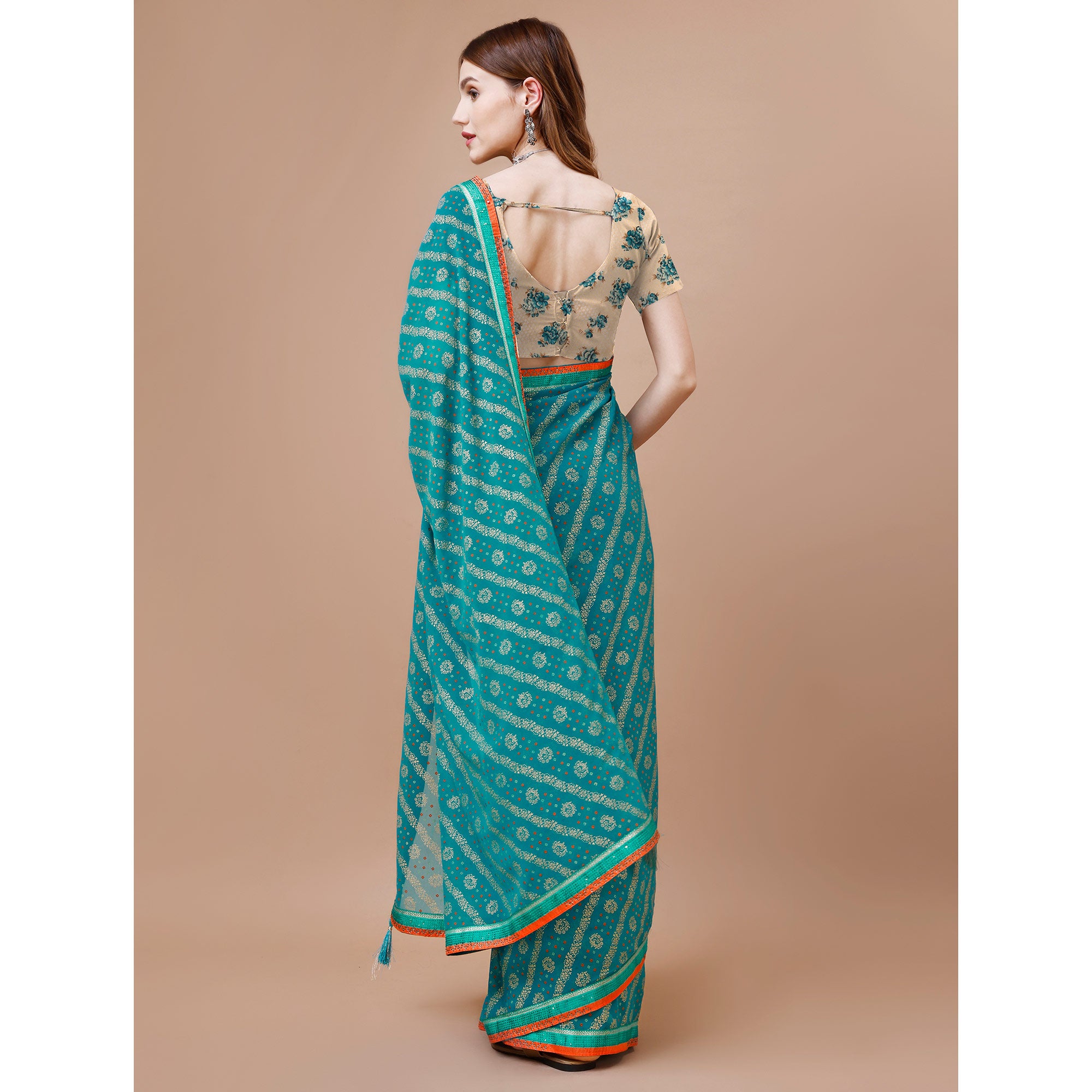Rama Blue Floral Foil Printed Chiffon Saree With Lace Border