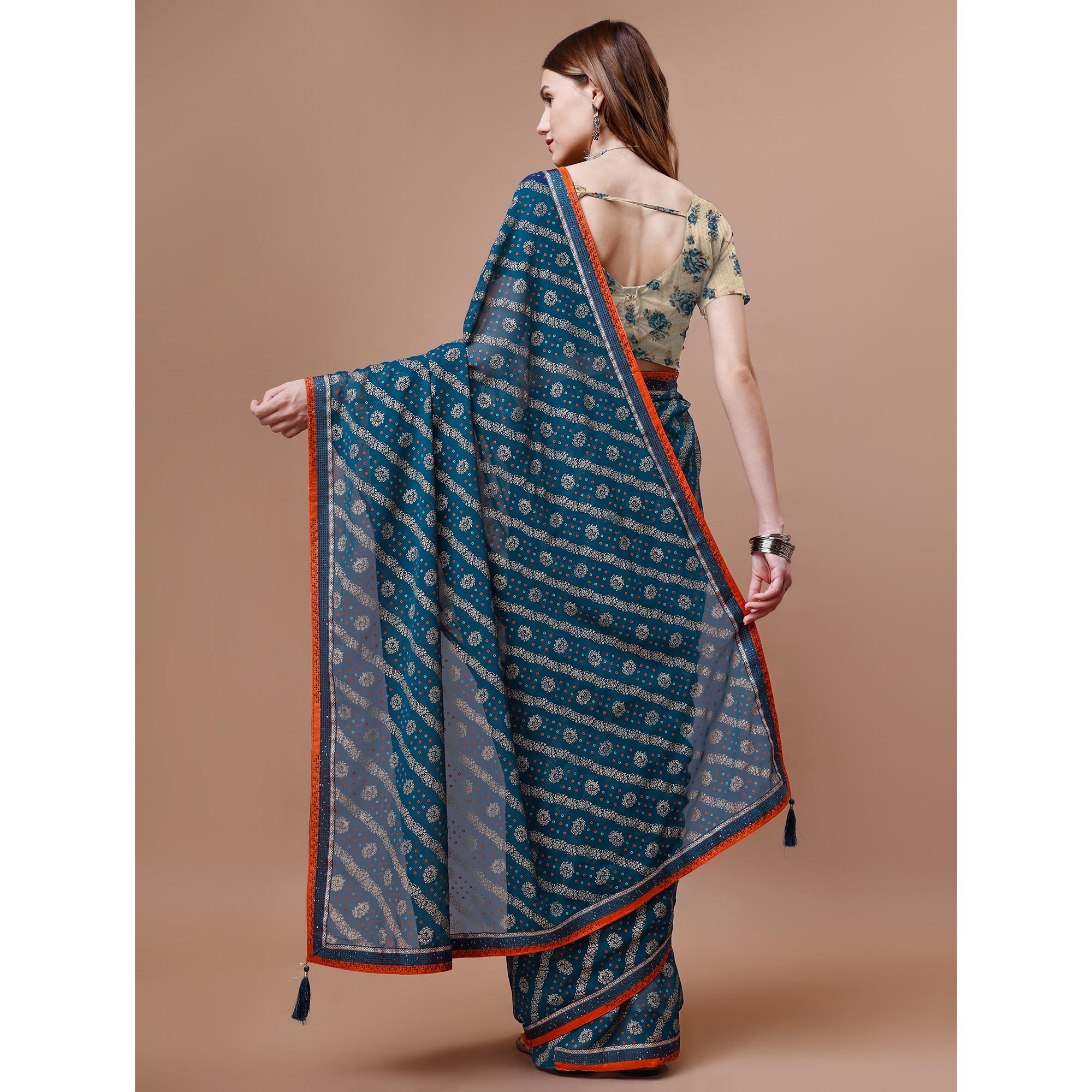 Blue Floral Foil Printed Chiffon Saree With Lace Border