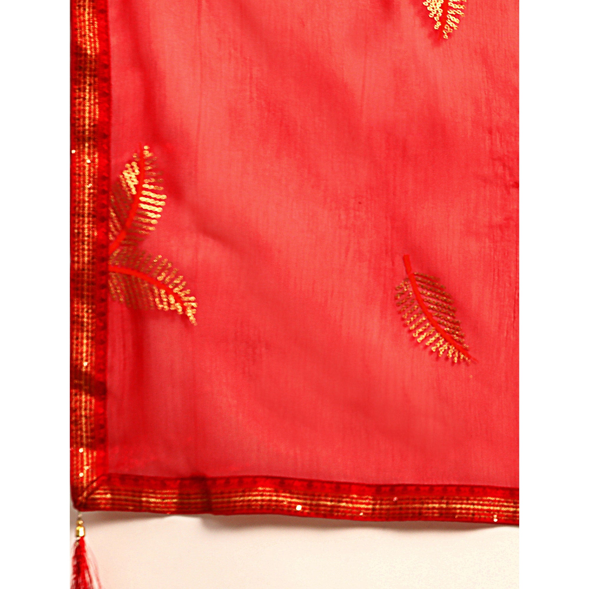 Red Sequins Embroidered Chiffon Saree With Tassels