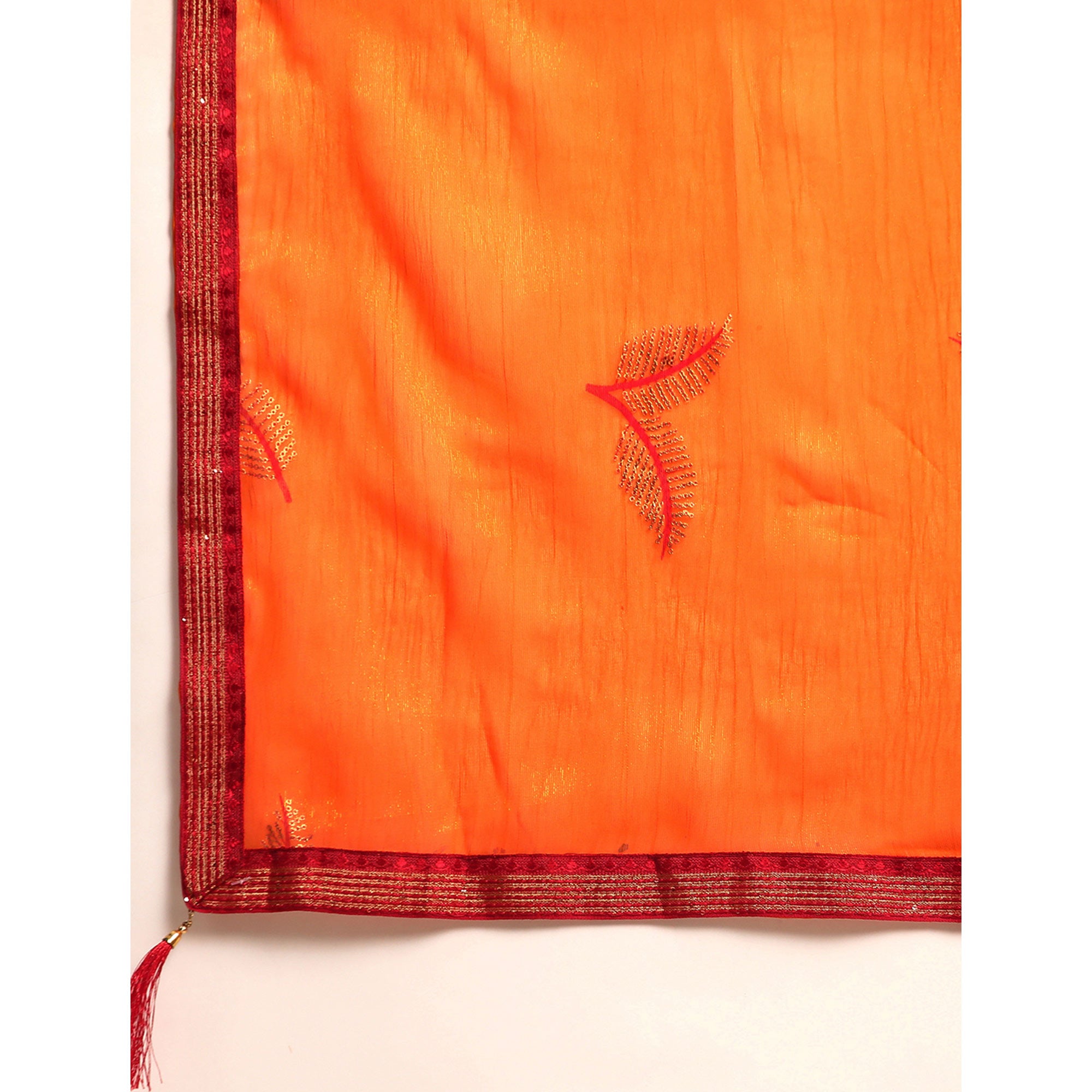 Orange Sequins Embroidered Chiffon Saree With Tassels