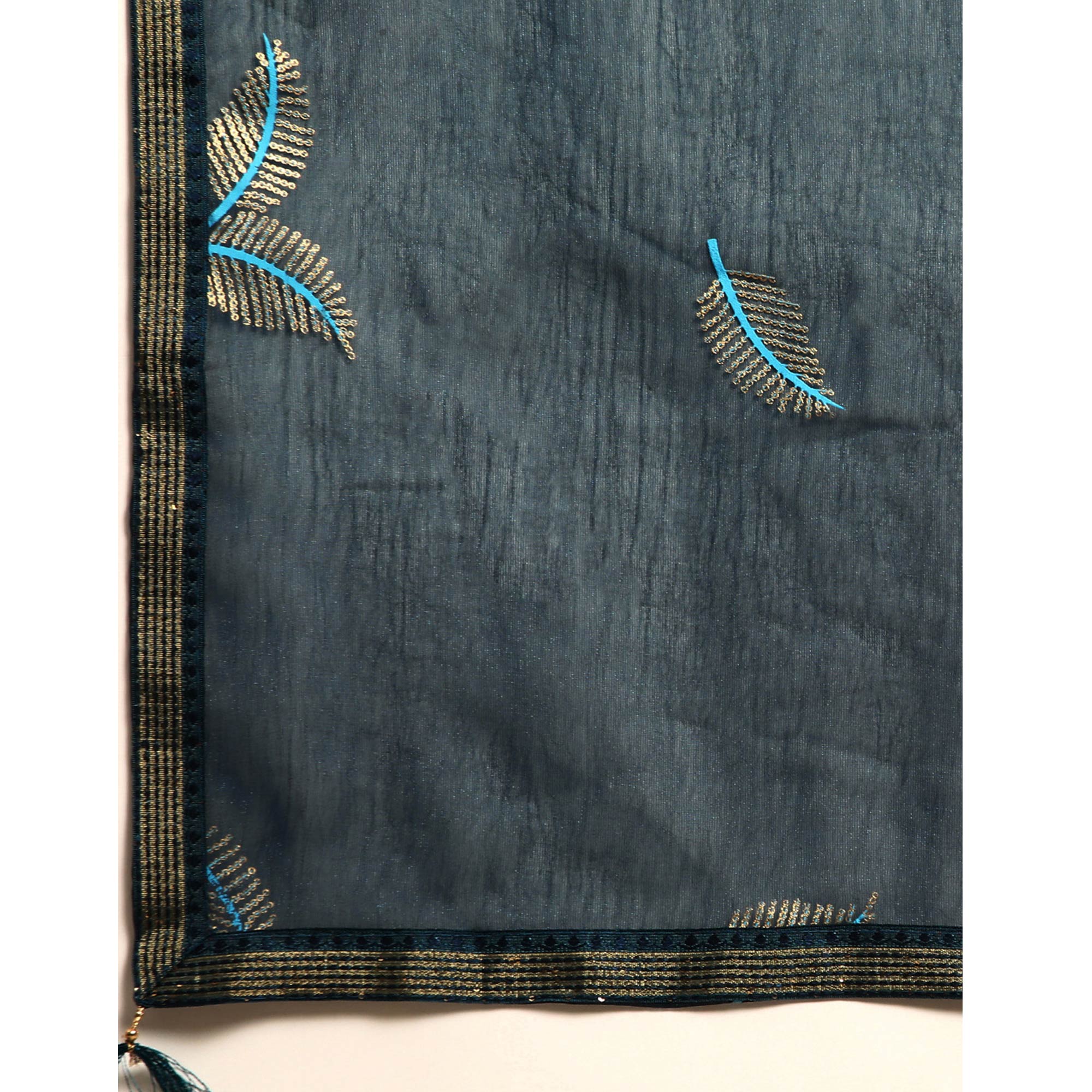 Blue Sequins Embroidered Chiffon Saree With Tassels