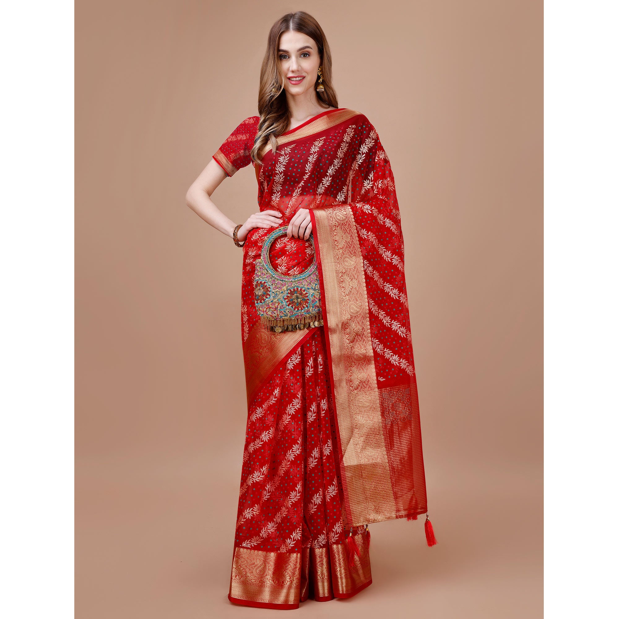 Red Foil Printed Organza Saree With Woven Border