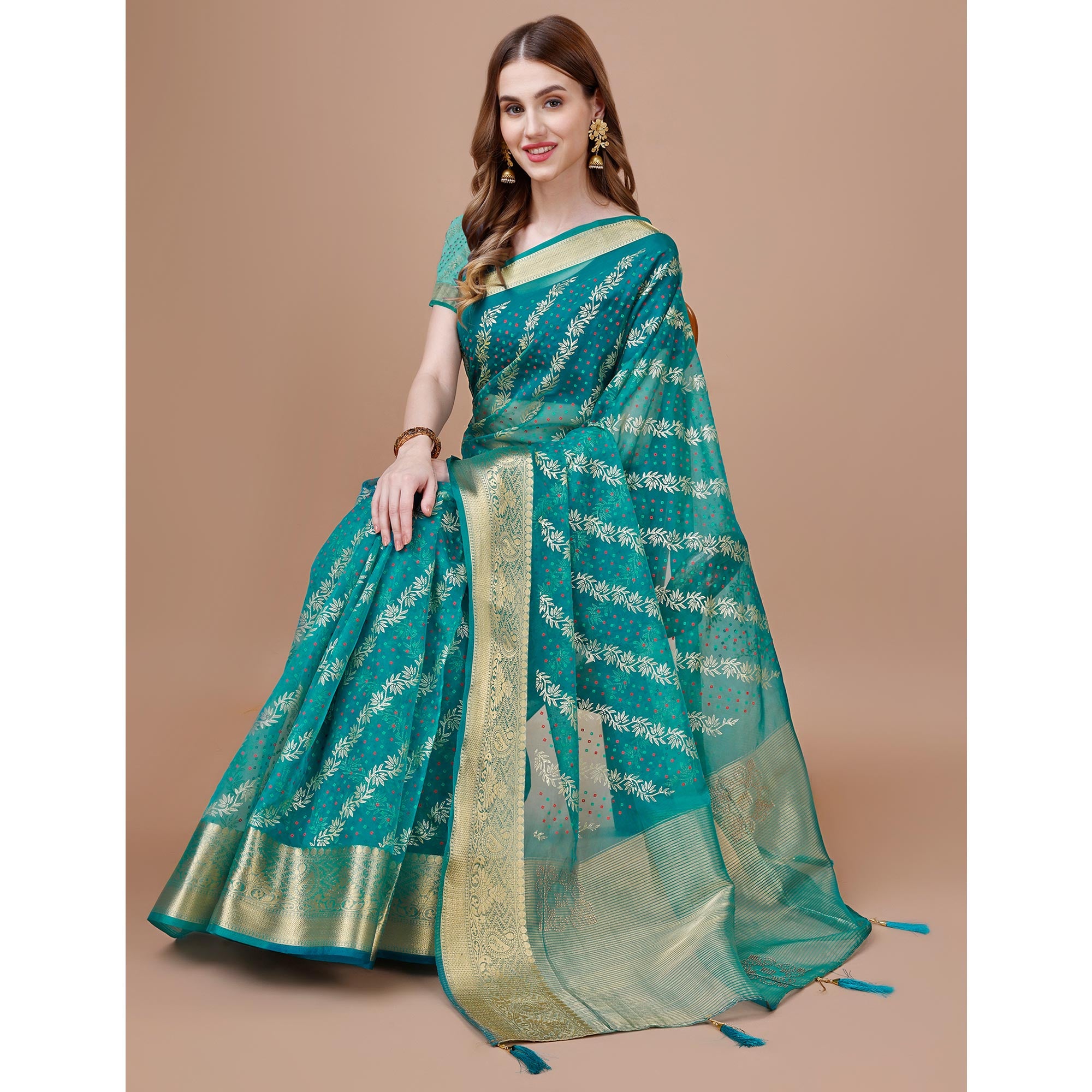 Rama Blue Foil Printed Organza Saree With Woven Border