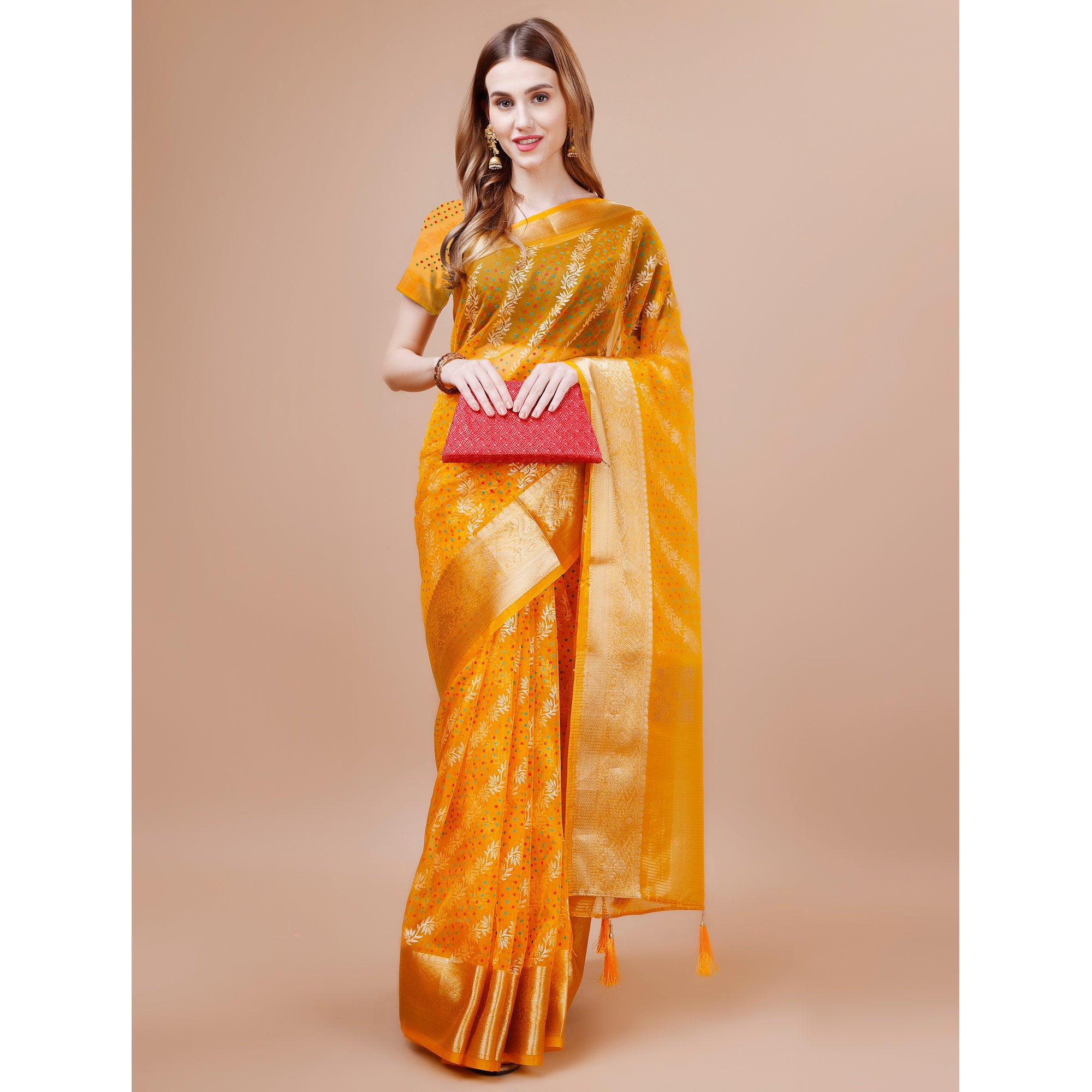 Yellow Foil Printed Organza Saree With Woven Border