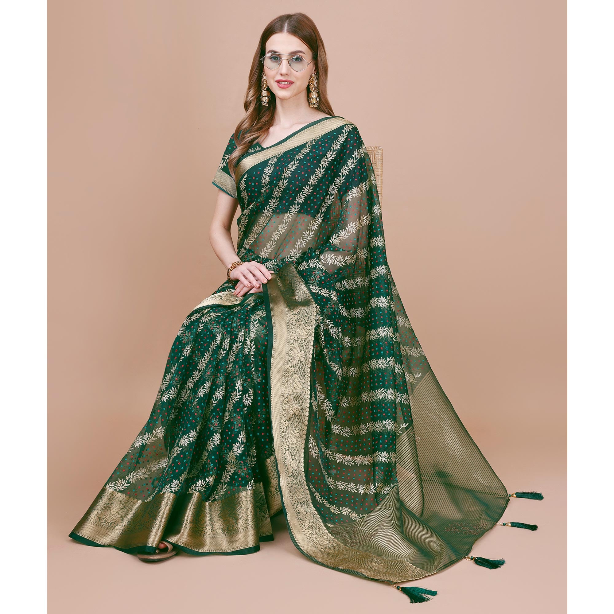 Green Foil Printed Organza Saree With Woven Border