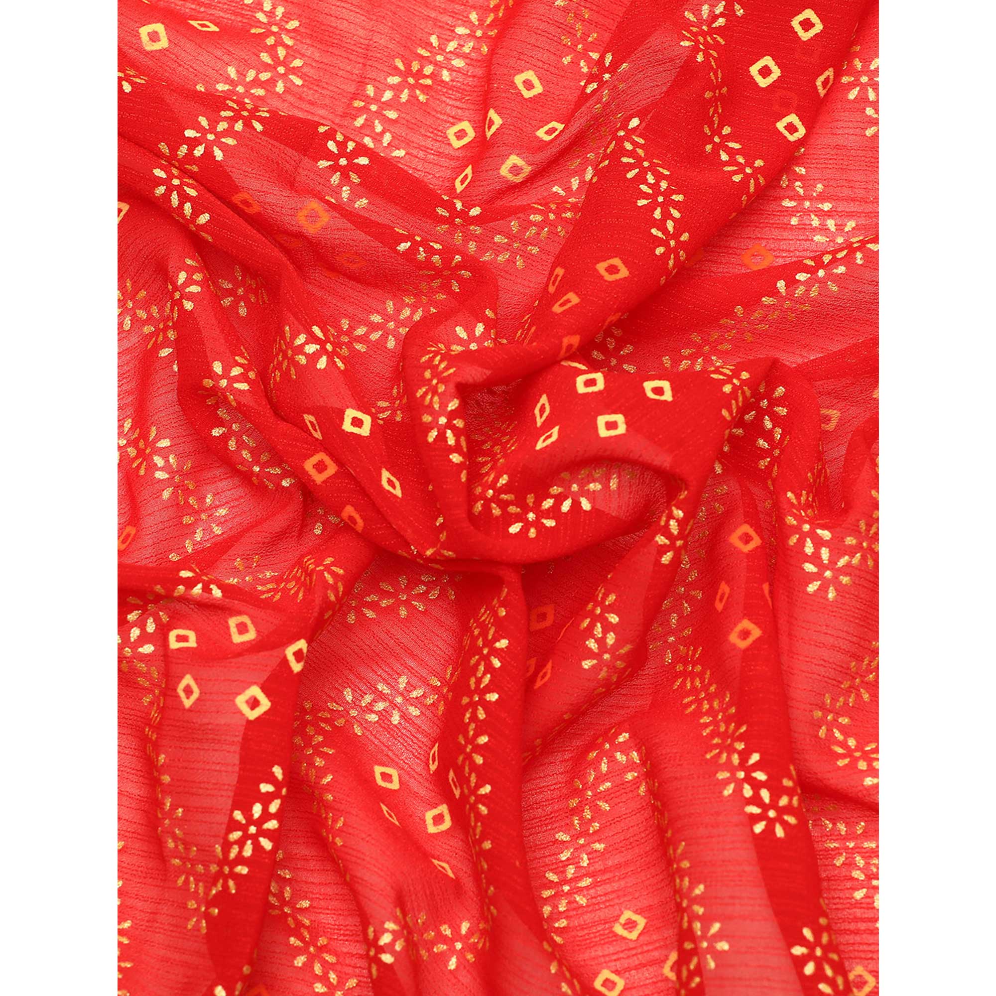 Red Floral Foil Printed Chiffon Saree With Tassels