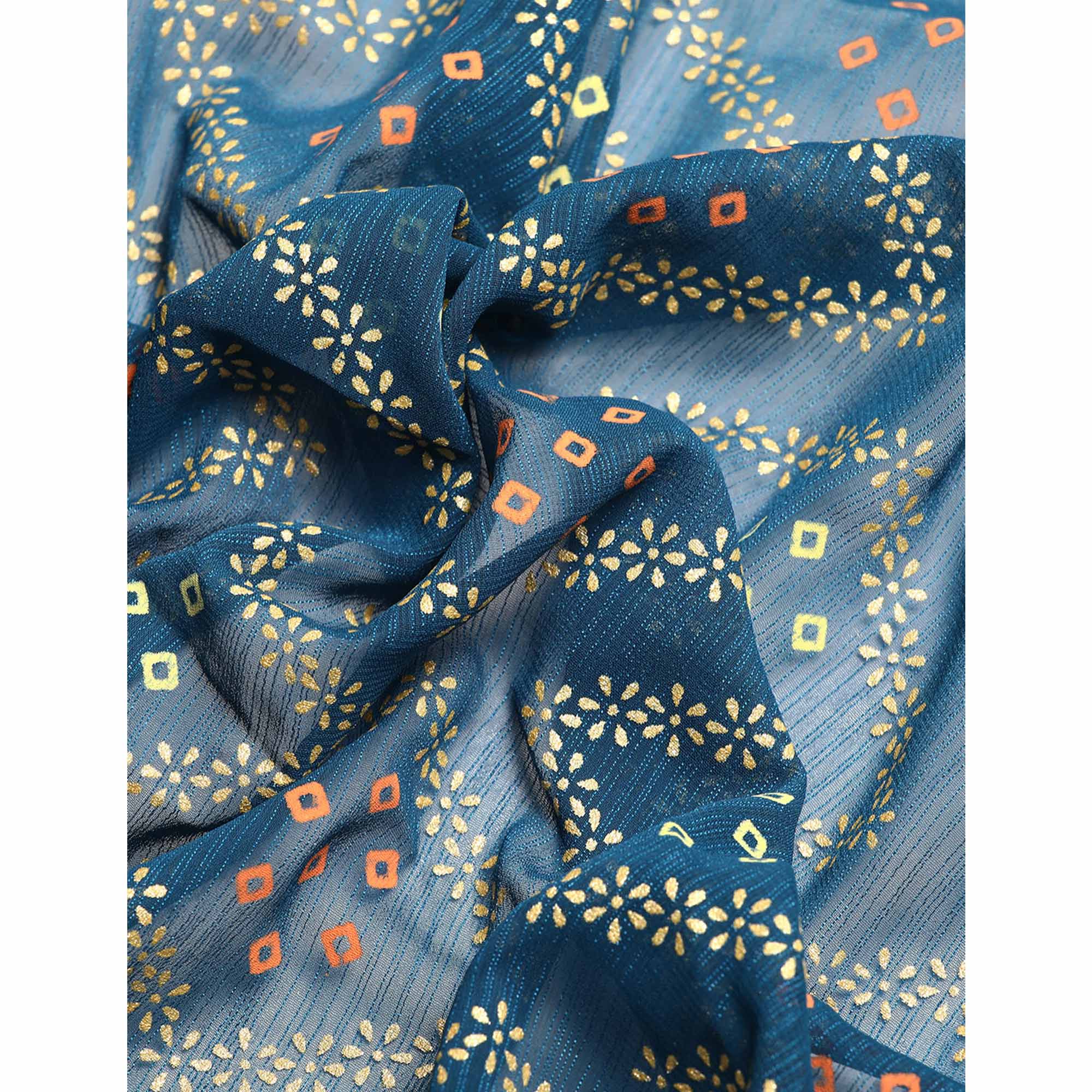 Teal Blue Floral Foil Printed Chiffon Saree With Tassels