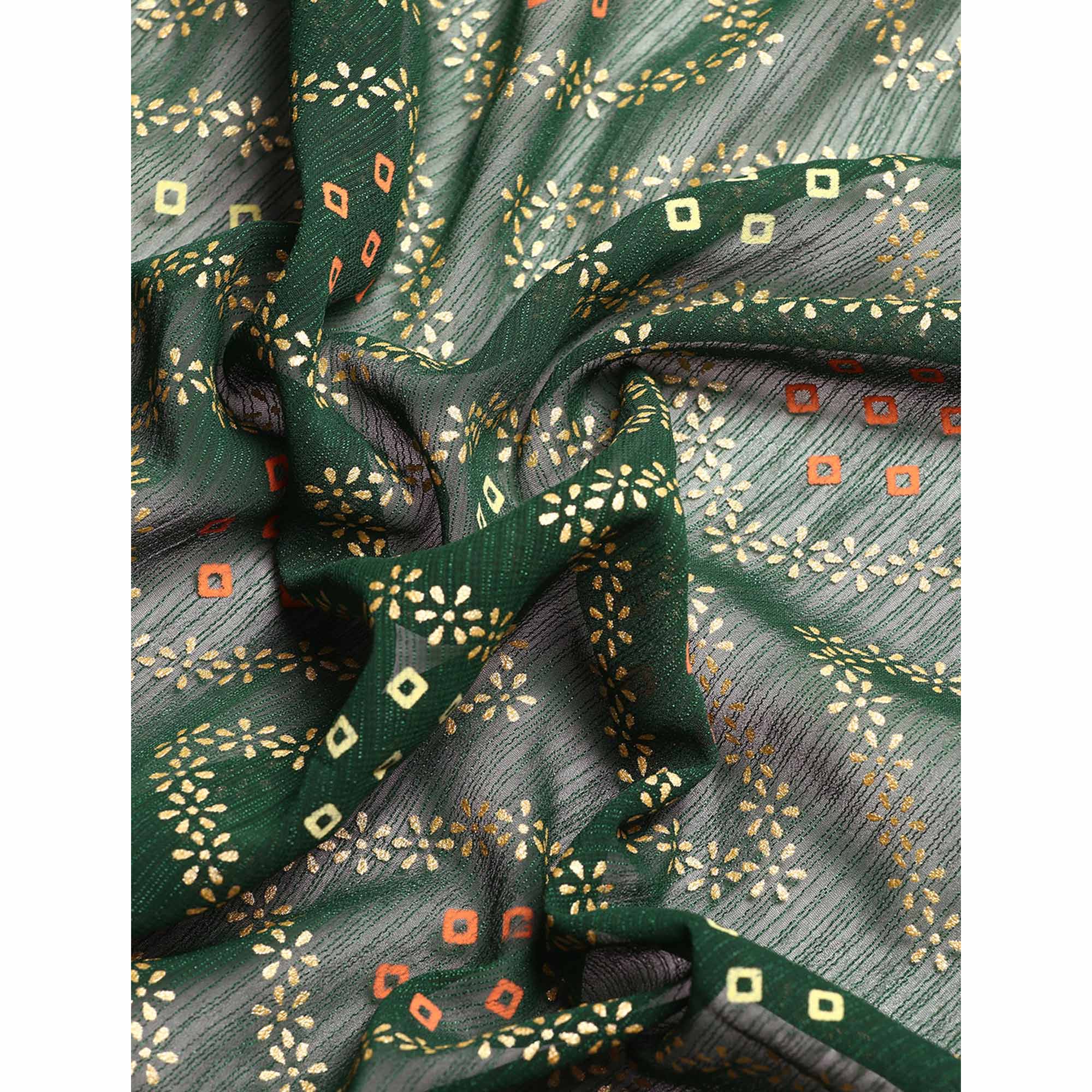 Green Floral Foil Printed Chiffon Saree With Tassels