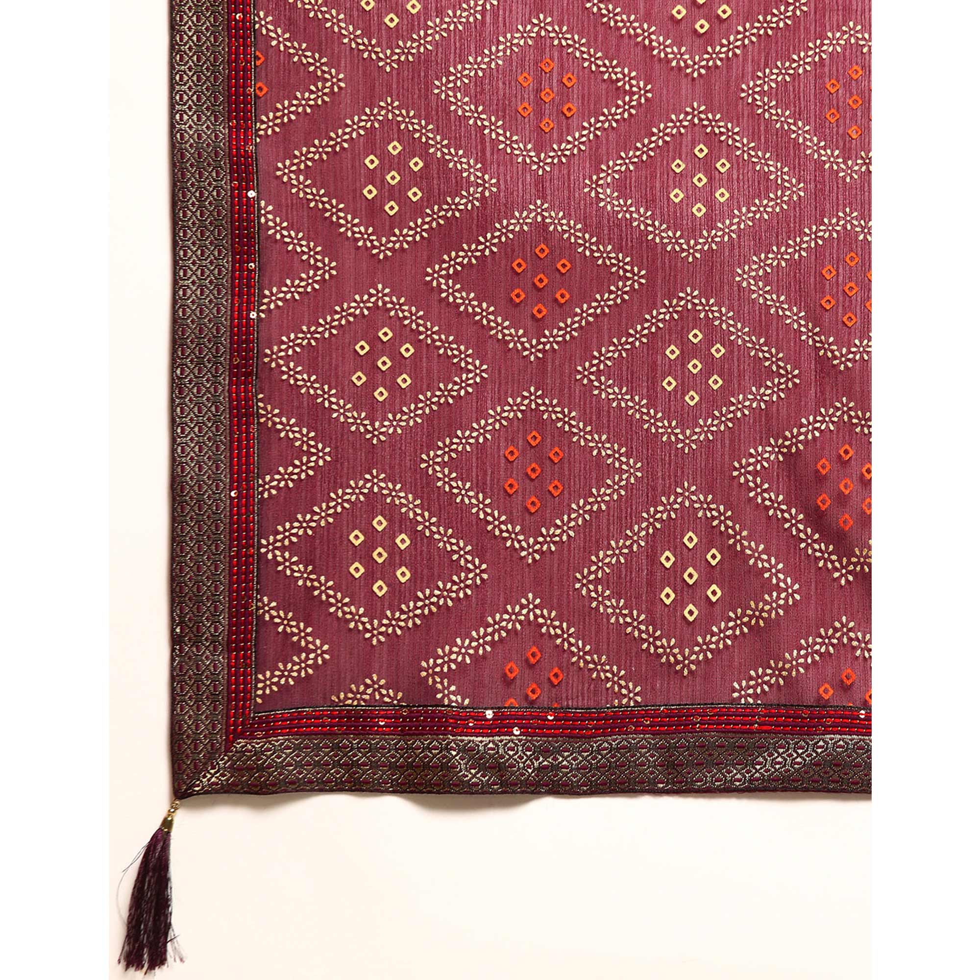 Wine Floral Foil Printed Chiffon Saree With Tassels