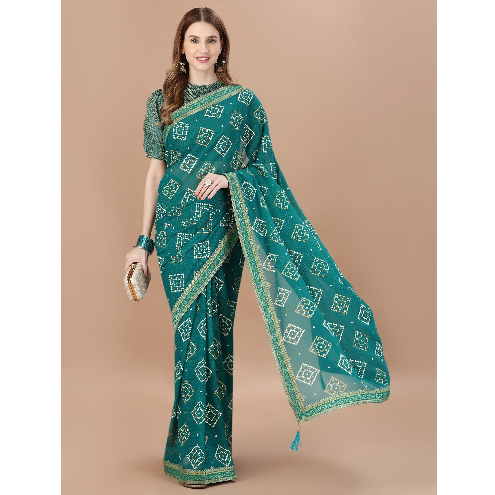 Teal Blue Bandhani Printed Chiffon Saree