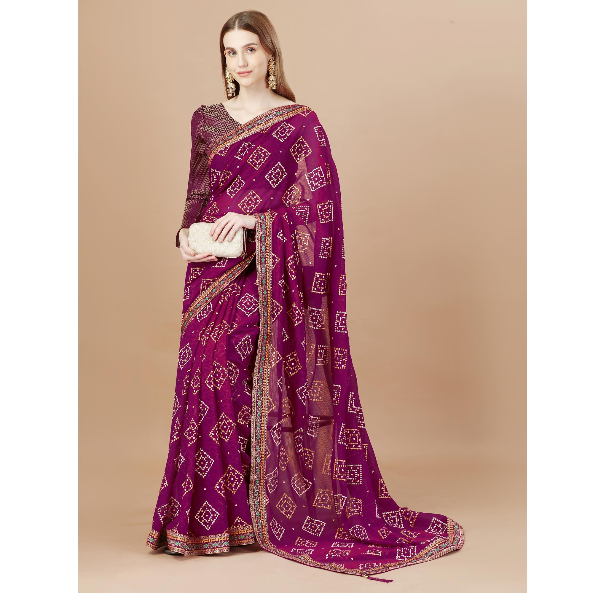 Purple Bandhani Printed Chiffon Saree