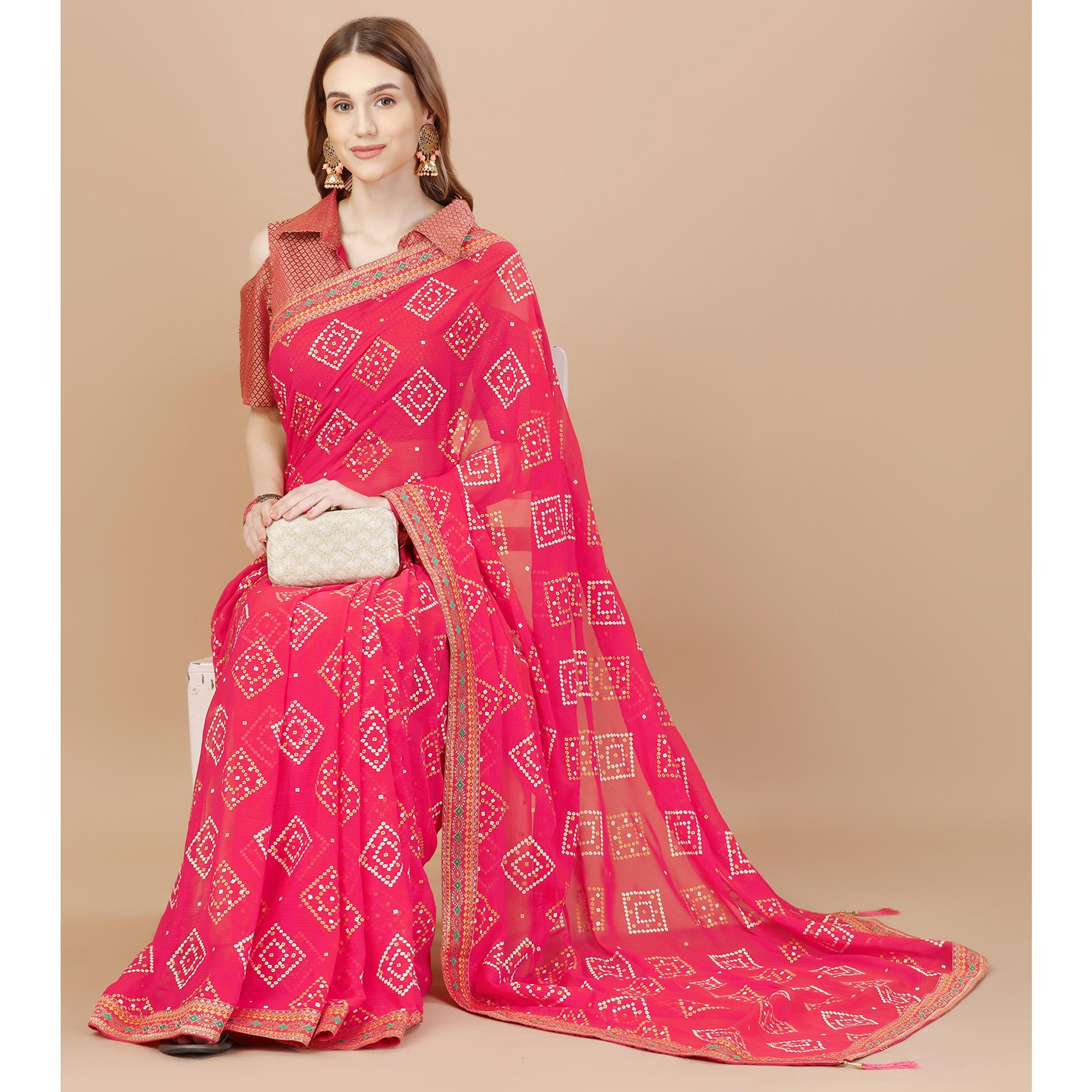 Pink Bandhani Printed Chiffon Saree