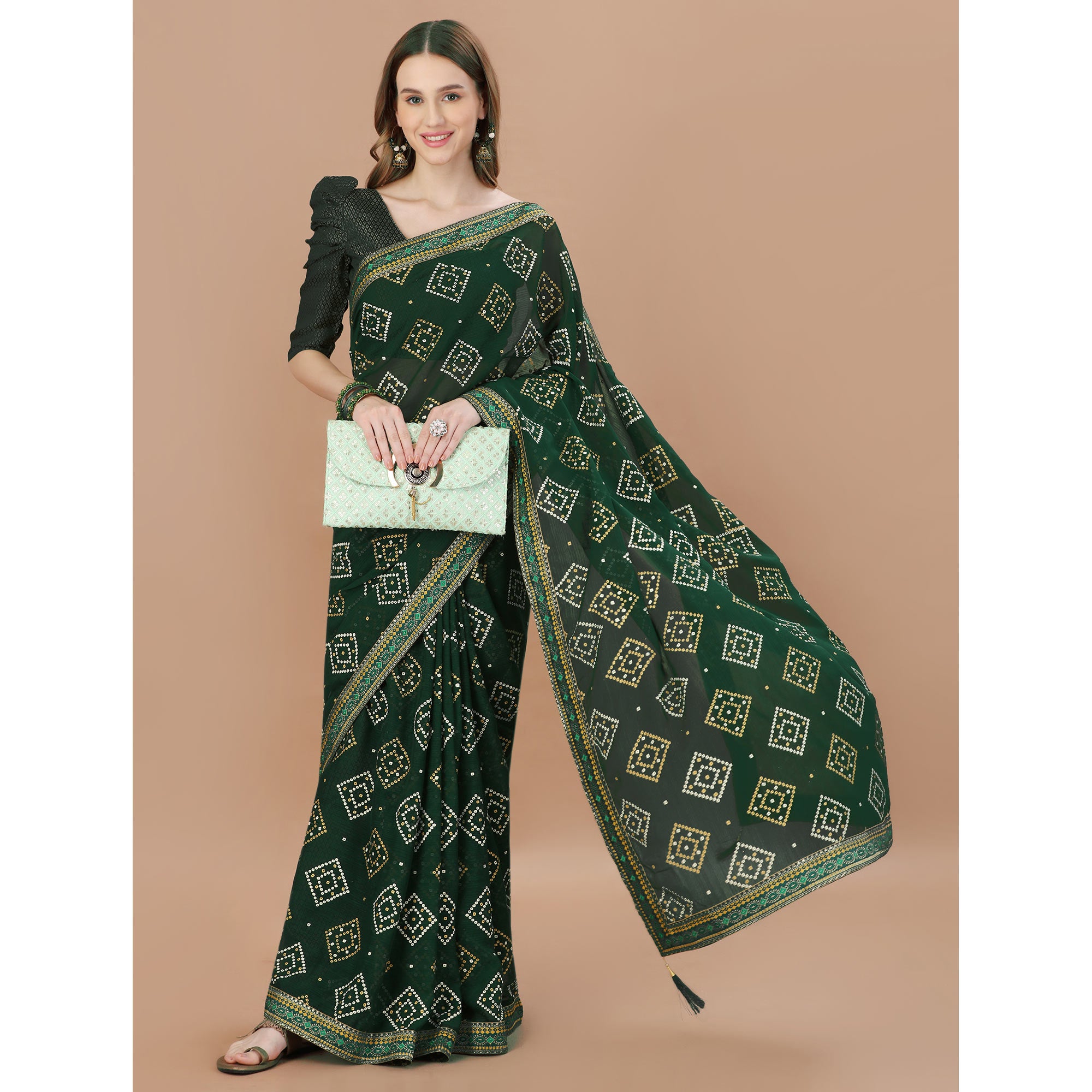 Green Bandhani Printed Chiffon Saree