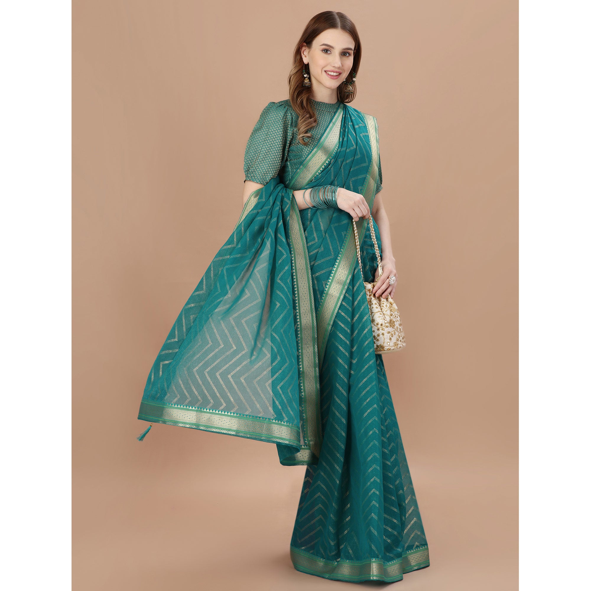 Teal Blue Foil Printed Chiffon Saree With Lace Border