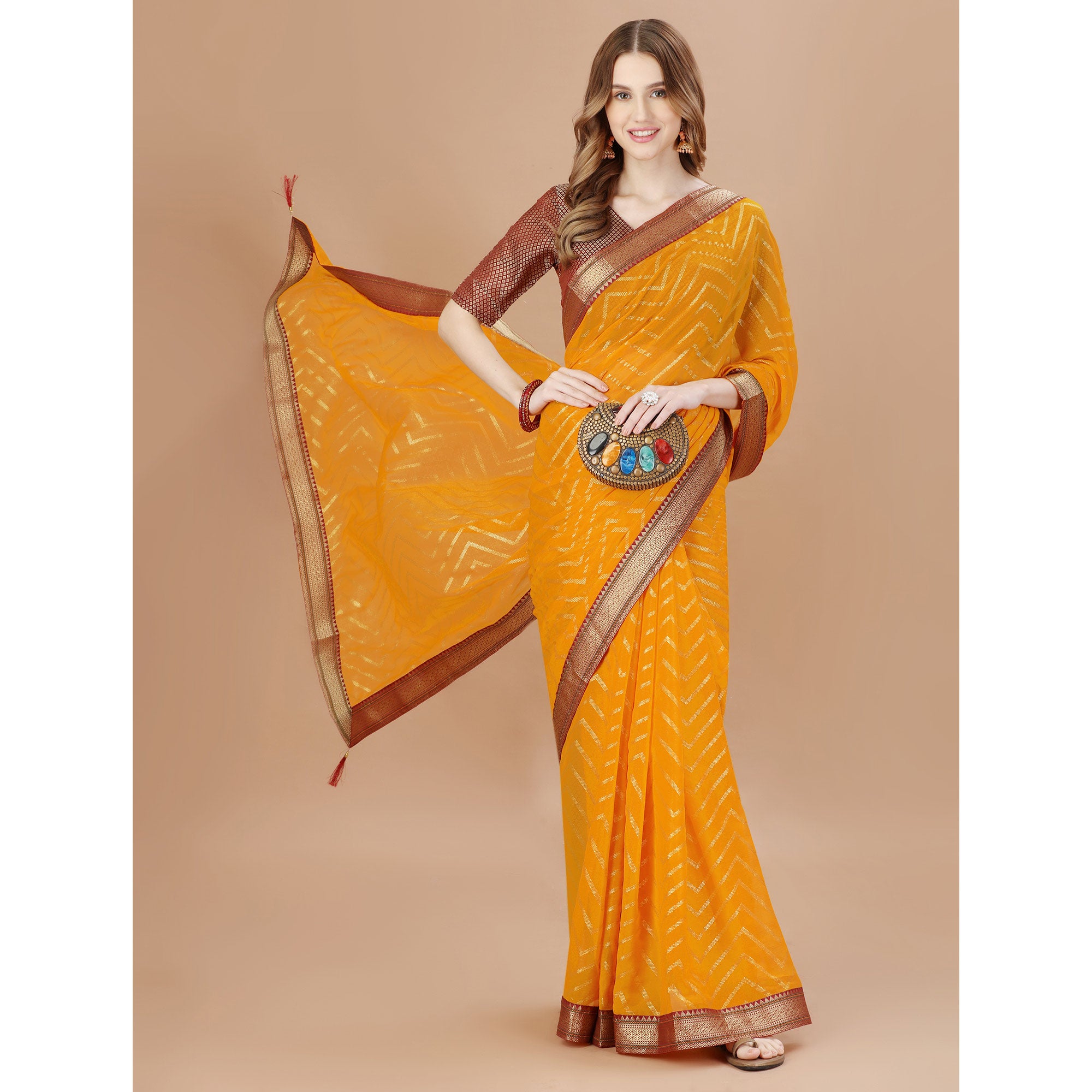 Yellow Foil Printed Chiffon Saree With Lace Border