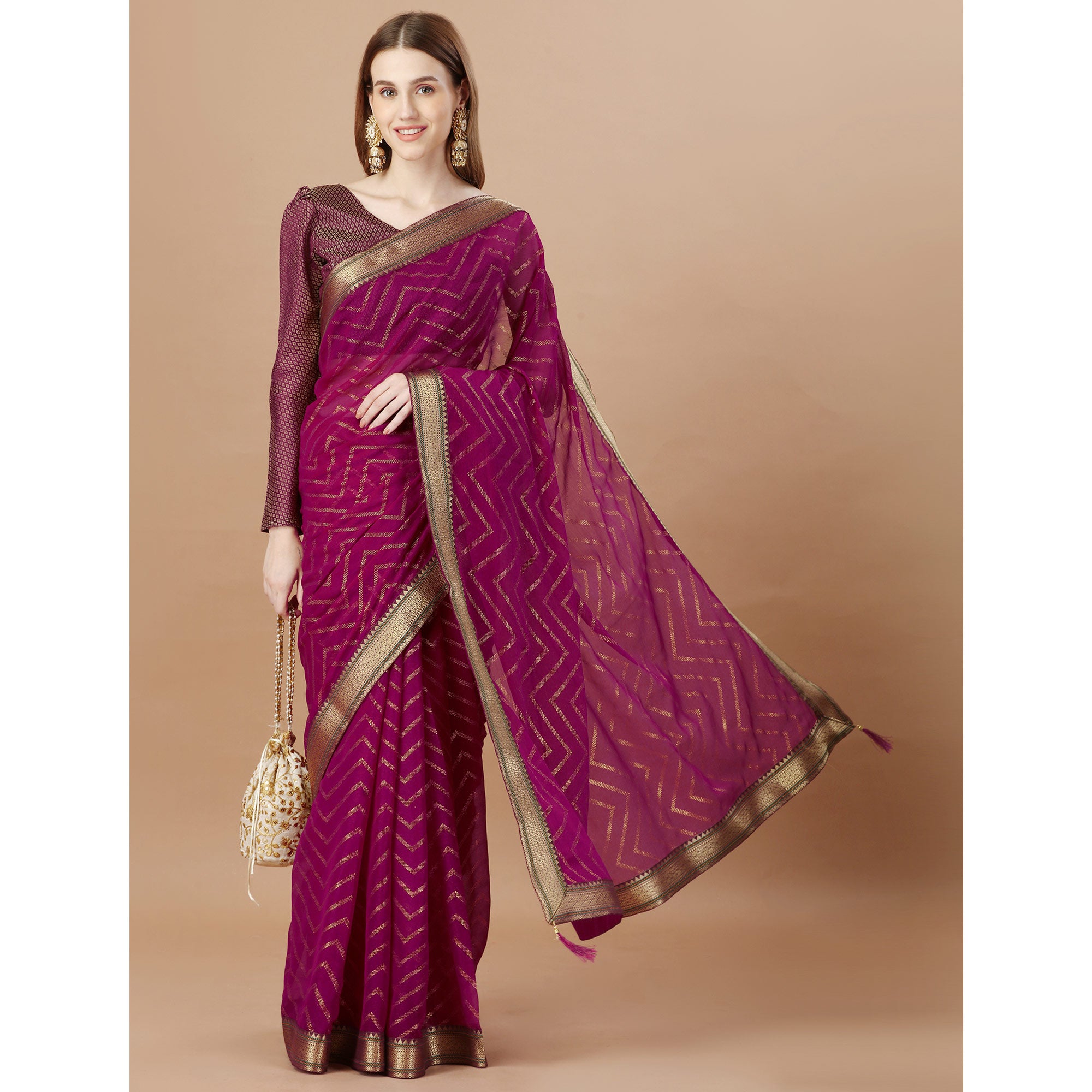 Wine Foil Printed Chiffon Saree With Lace Border