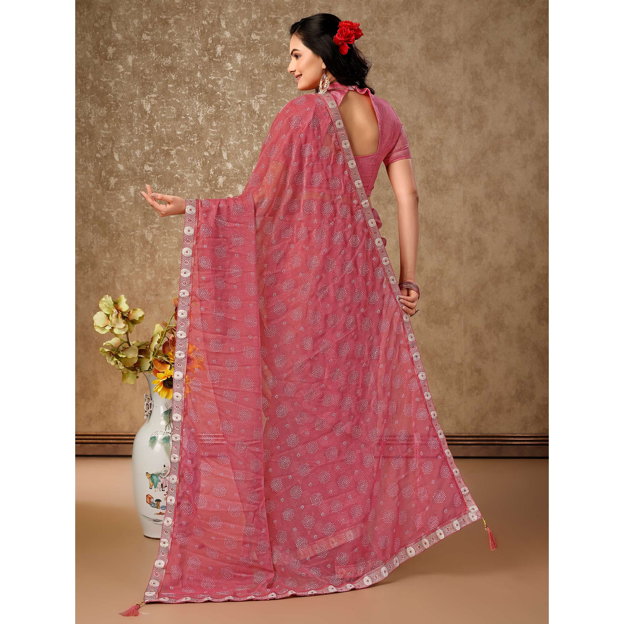 Pink Printed Chiffon Saree With Lace Border