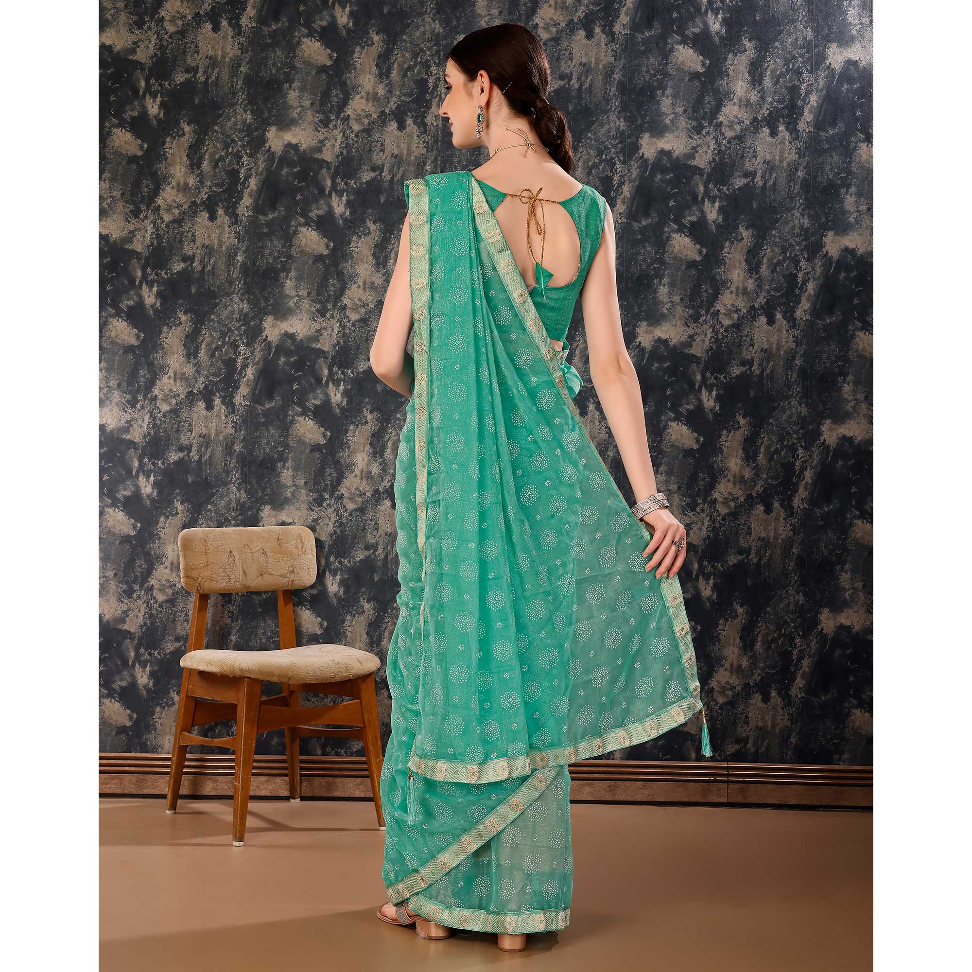 Turquoise Printed Chiffon Saree With Lace Border