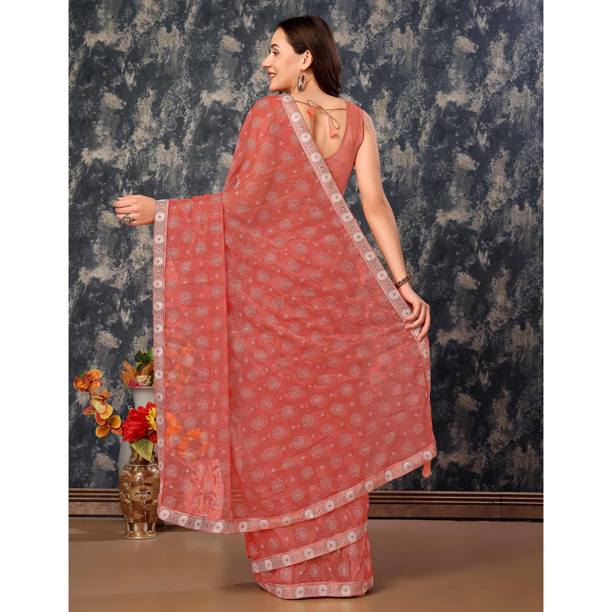 Peach Printed Chiffon Saree With Lace Border