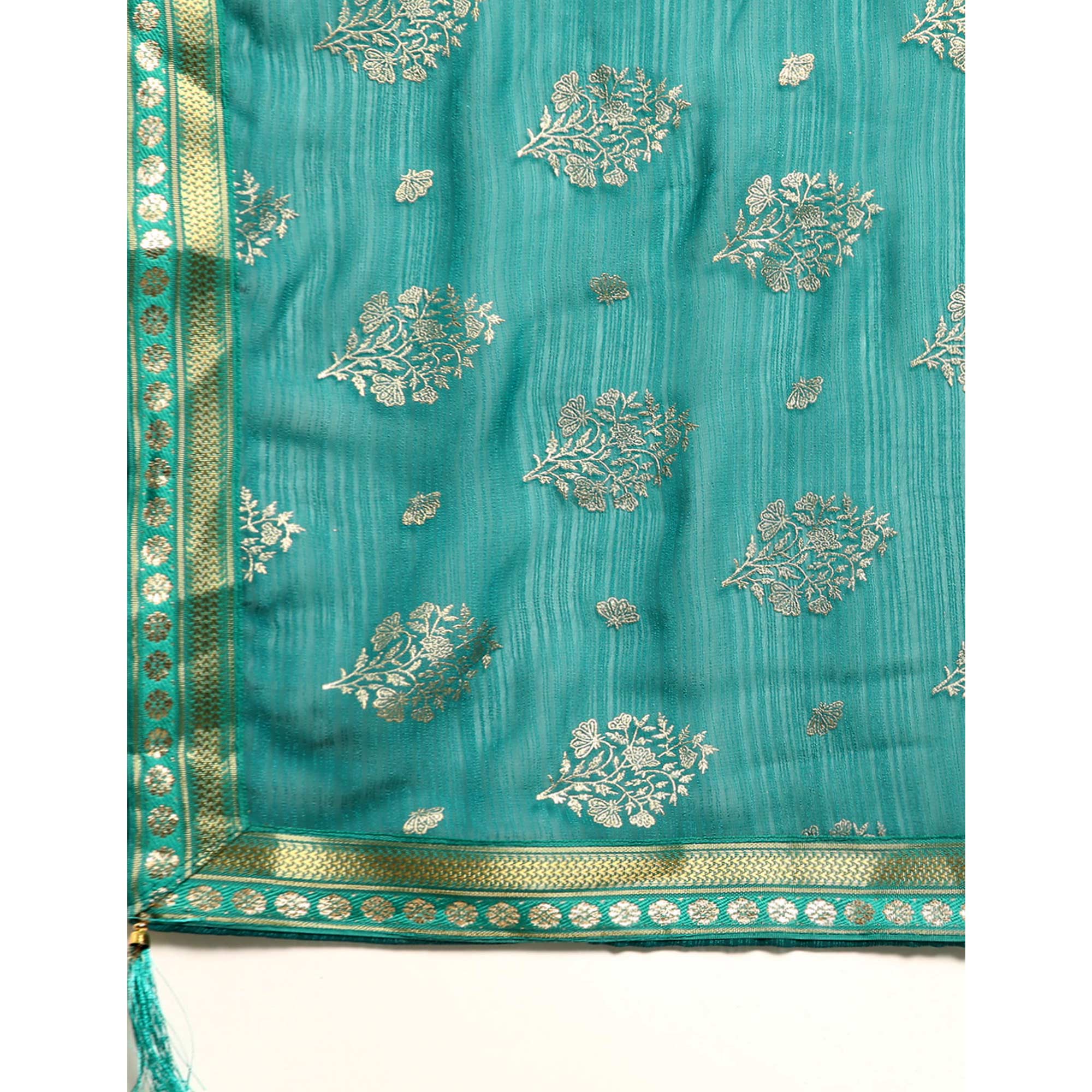 Turquoise  Floral Foil Printed Chiffon Saree With Tassels