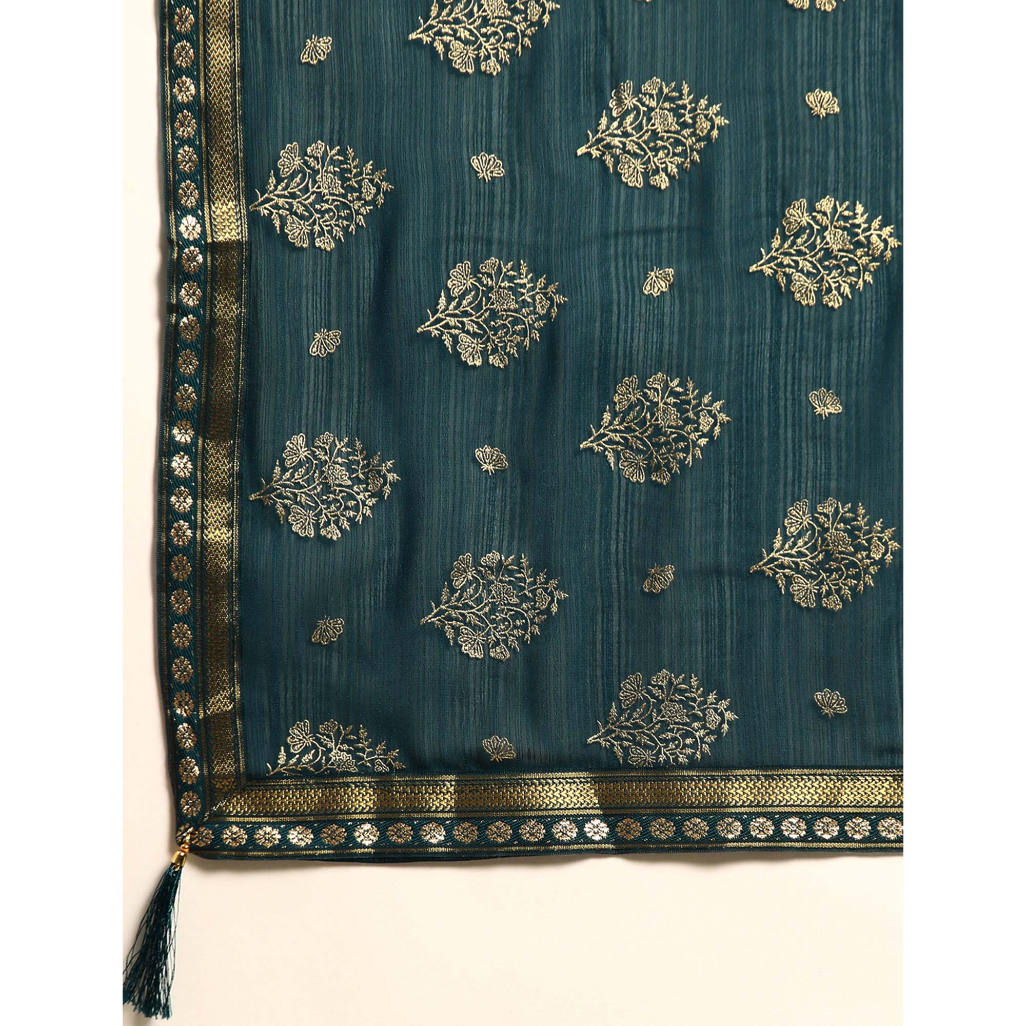 Teal Blue Floral Foil Printed Chiffon Saree With Tassels
