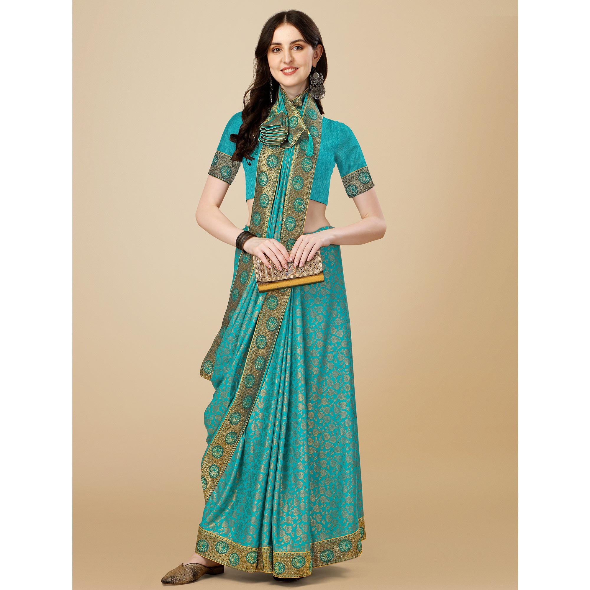 Teal Blue Floral Handloom Woven Rayon Saree