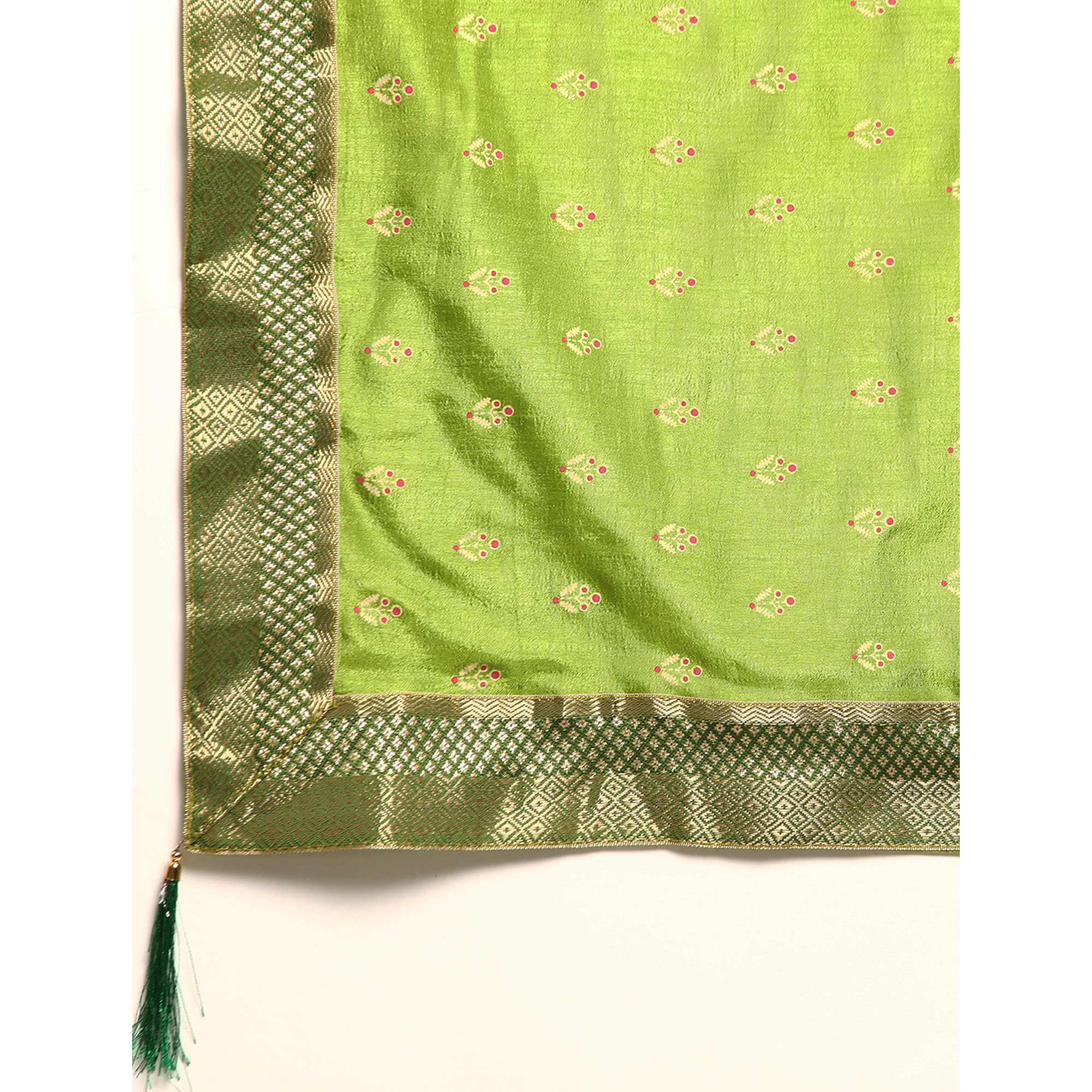 Green Floral Printed Vichitra Silk Saree With Tassels