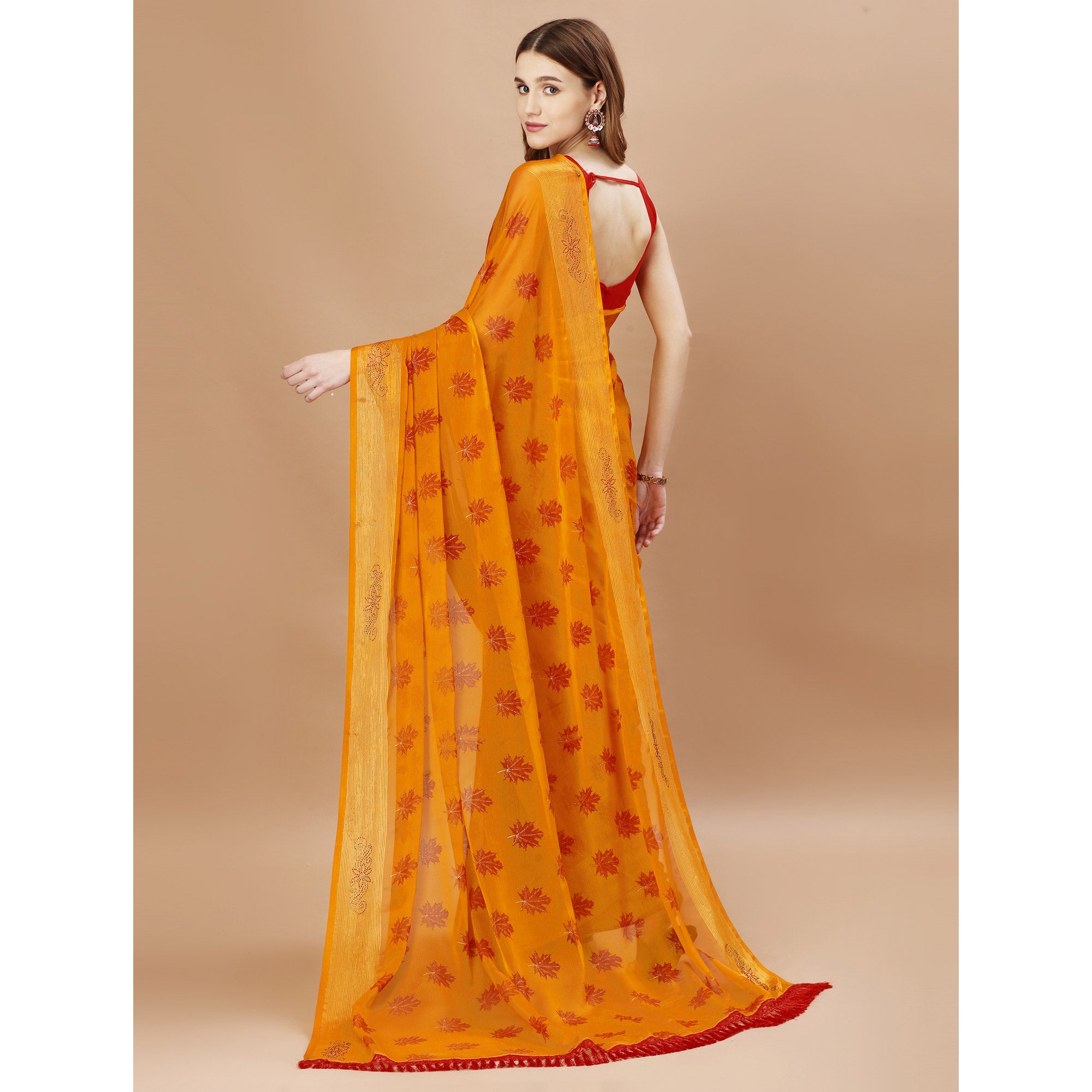 Yellow Zari Work Chiffon Saree With Tassels