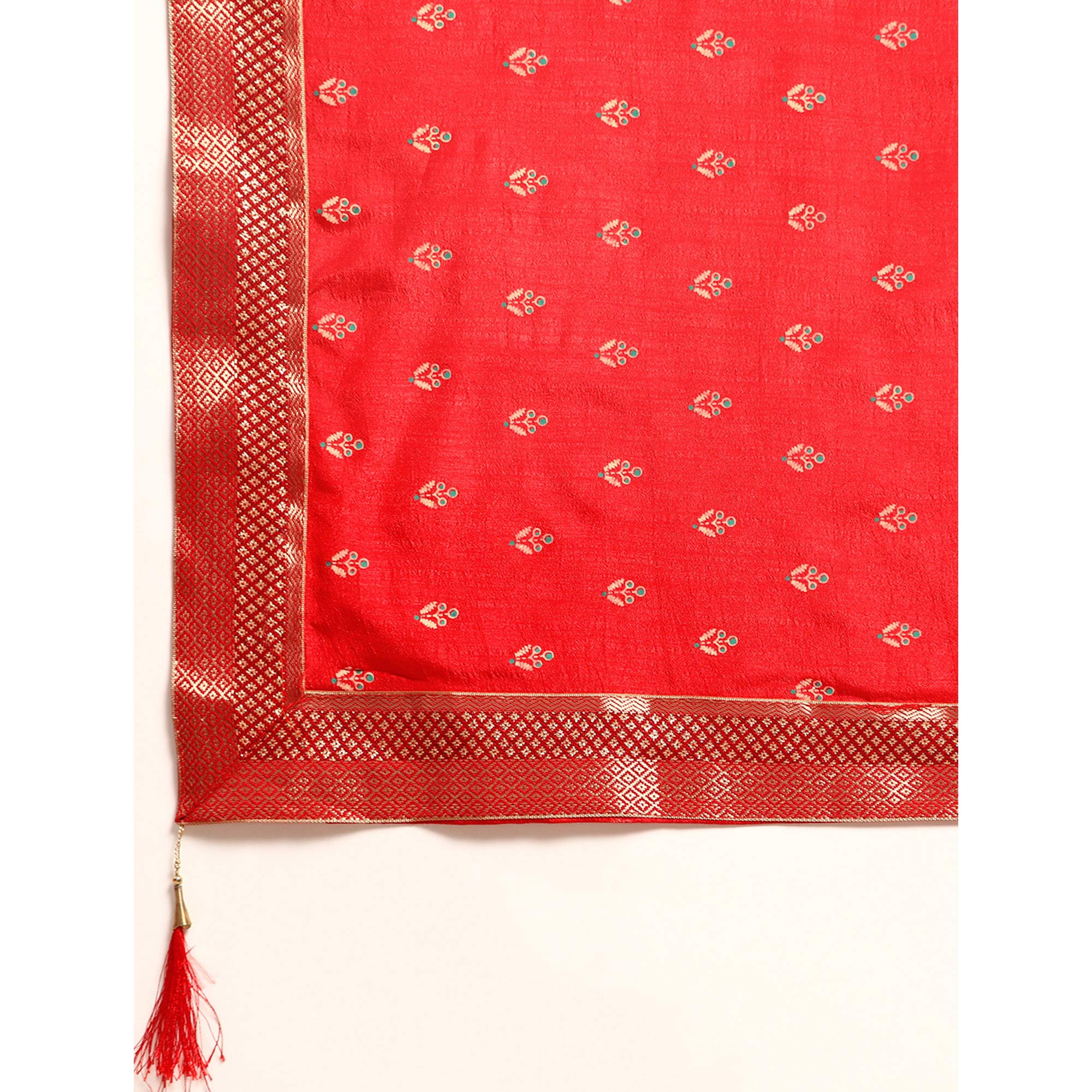 Red Floral Printed Vichitra Silk Saree With Tassels