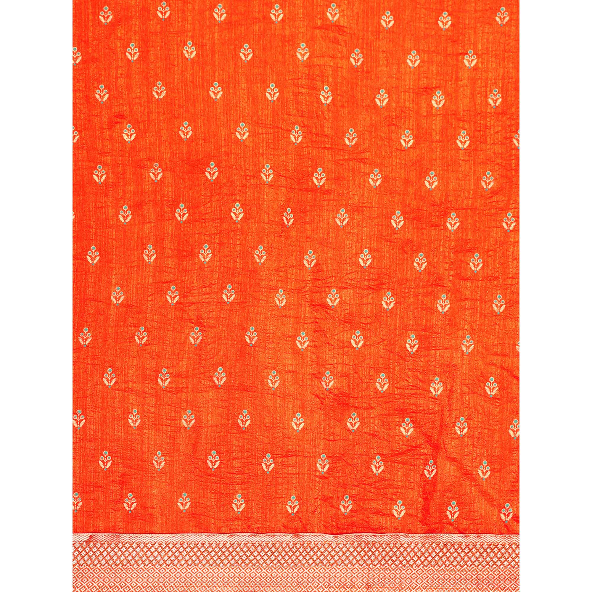 Orange Floral Printed Vichitra Silk Saree With Tassels