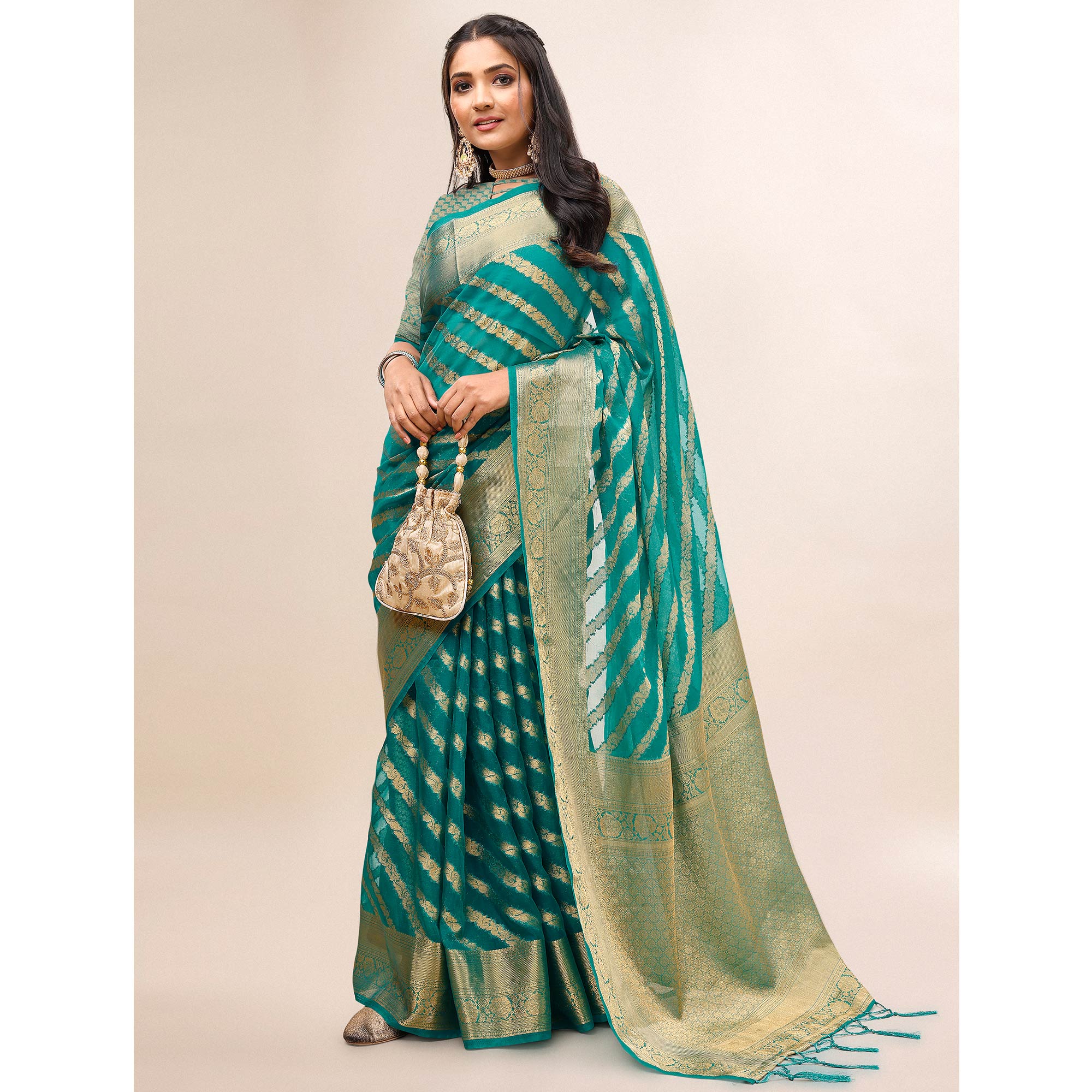 Rama Green Woven Organza Saree With Tassels