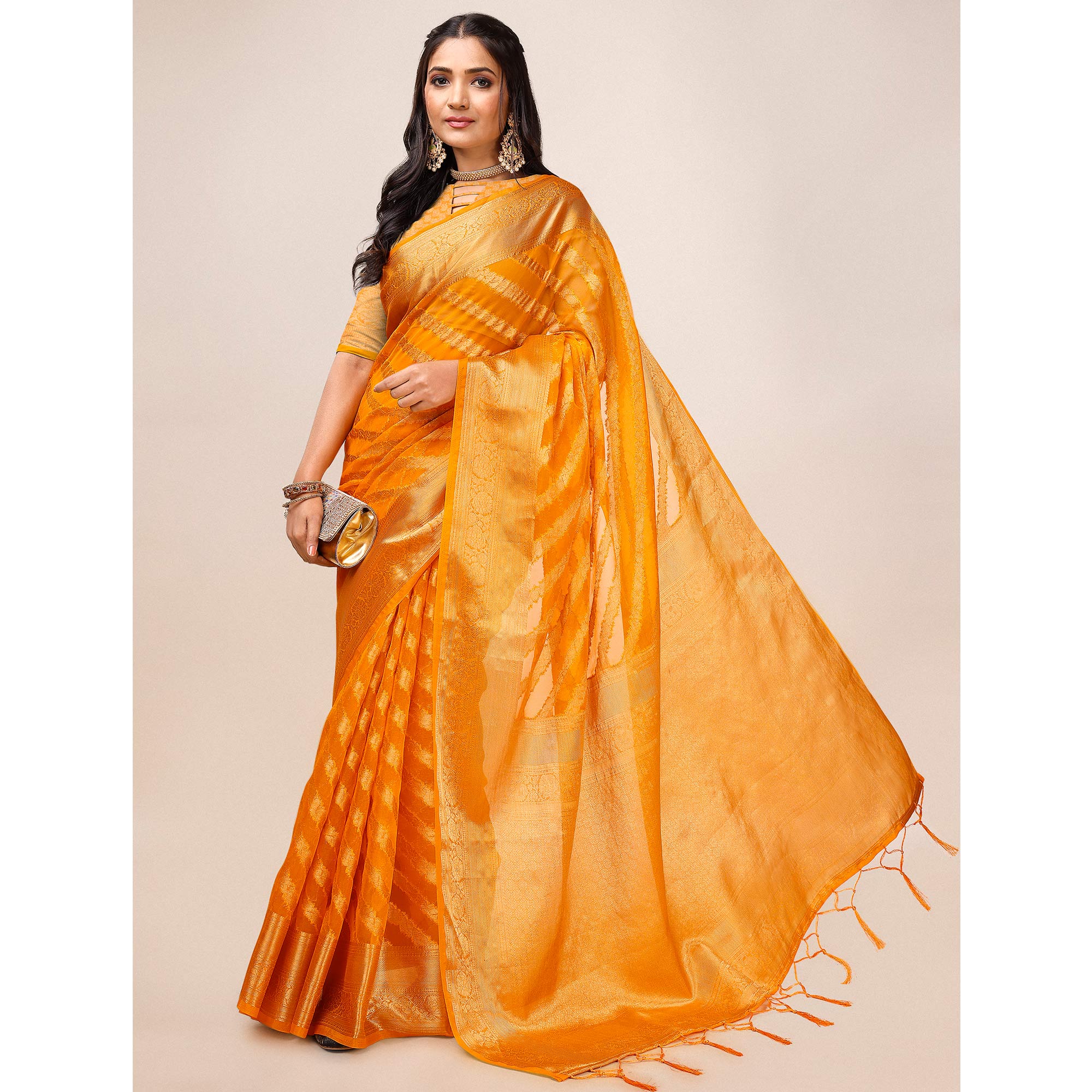 Orange Woven Organza Saree With Tassels