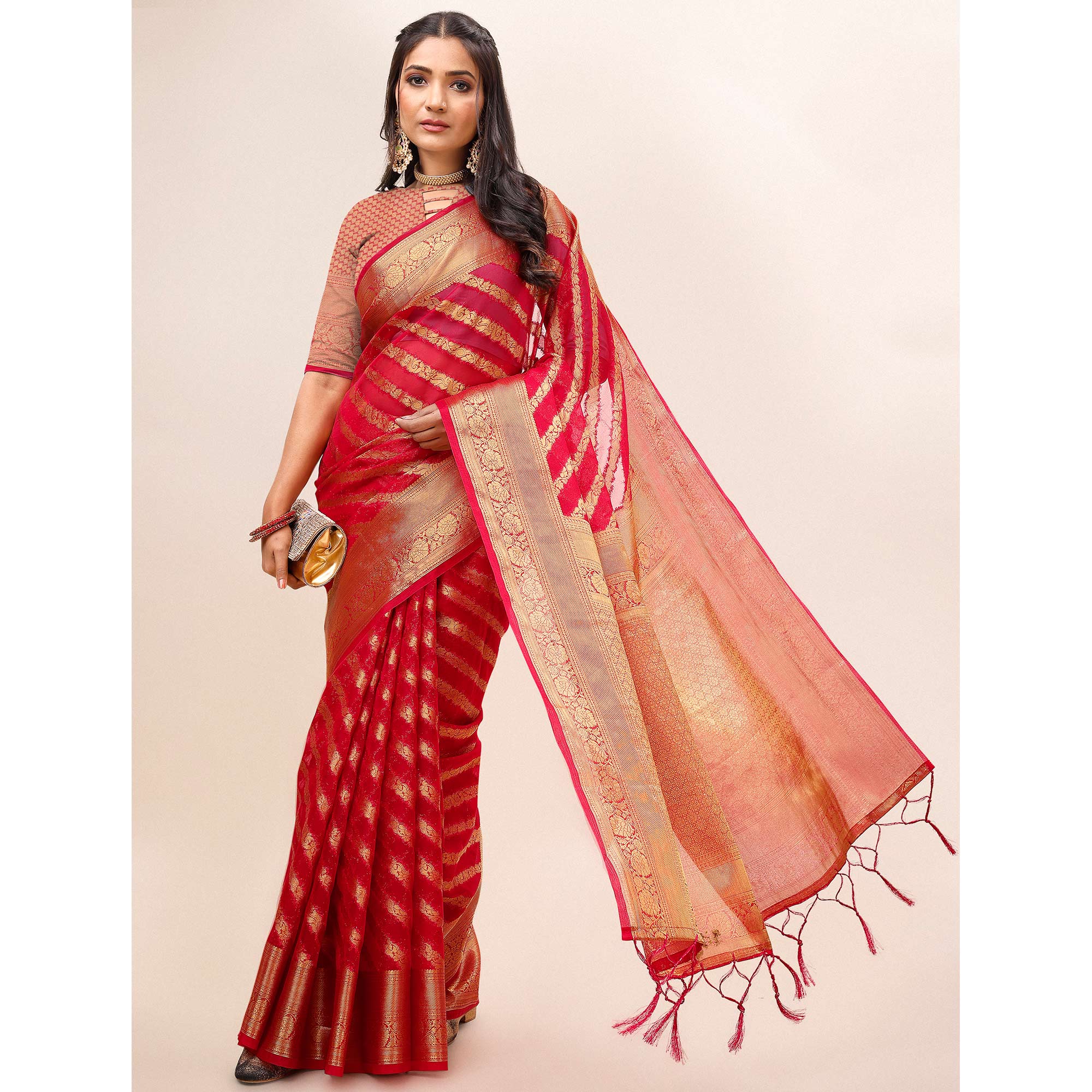 Pink Woven Organza Saree With Tassels