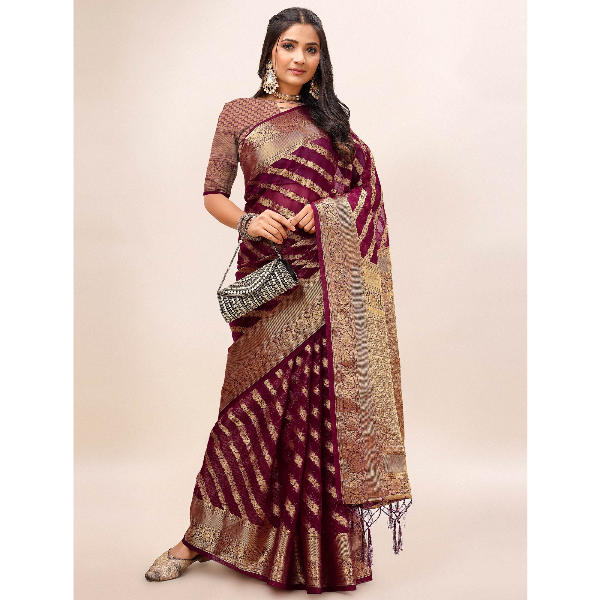 Maroon Woven Organza Saree With Tassels